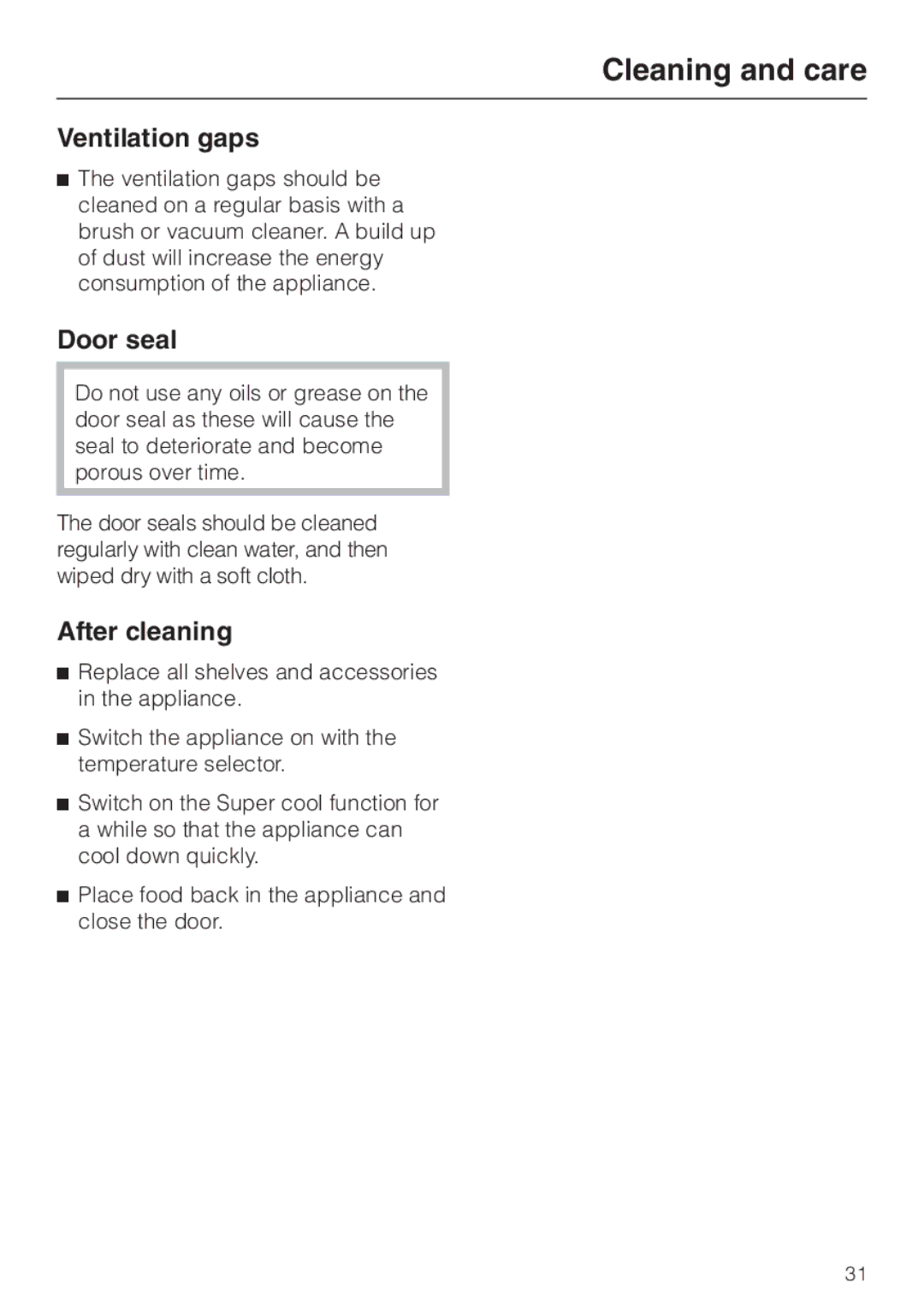 Miele K 9212 I, K 9412 I installation instructions Ventilation gaps, Door seal, After cleaning 