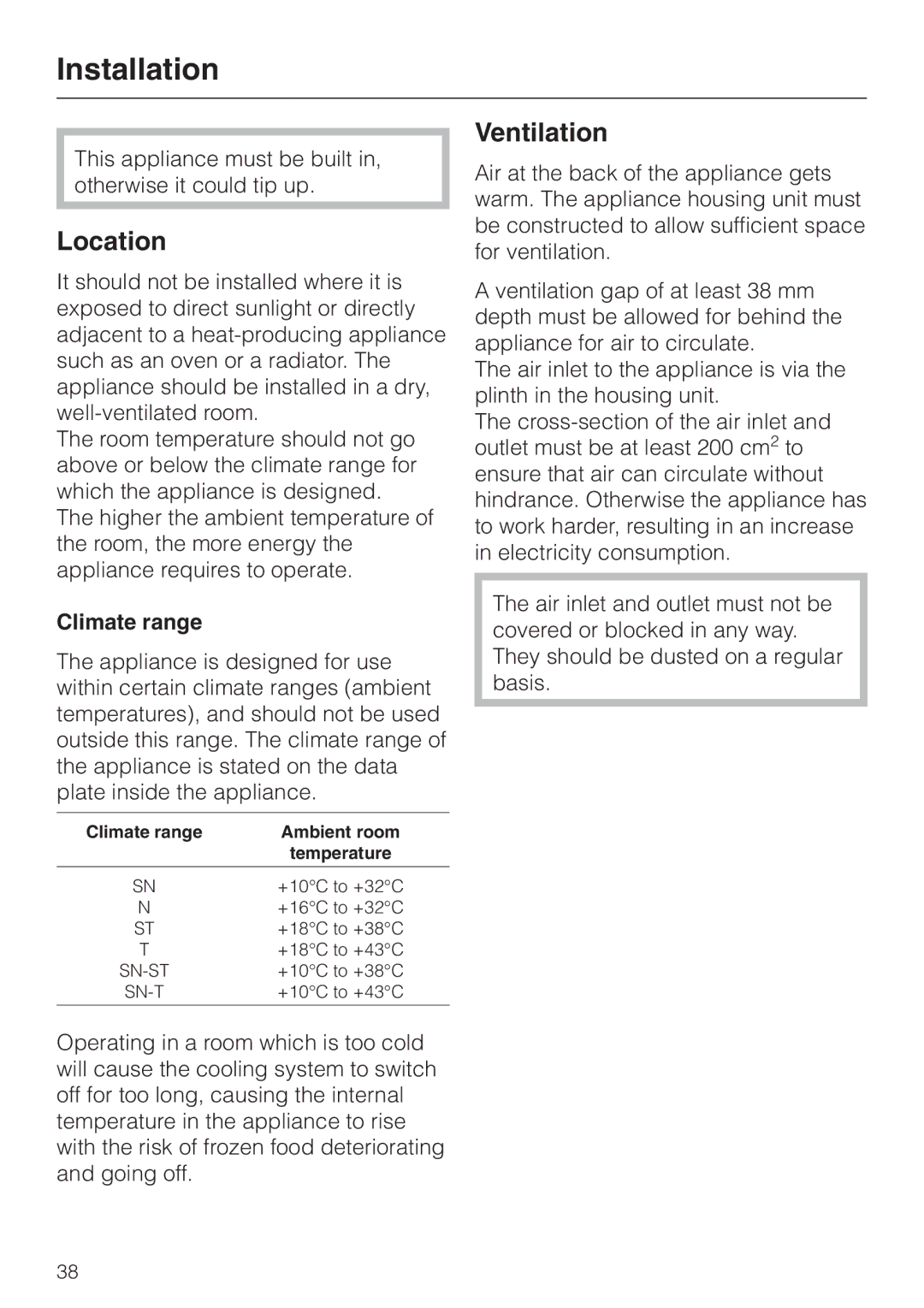 Miele K 9412 I, K 9212 I installation instructions Installation, Location, Ventilation, Climate range 