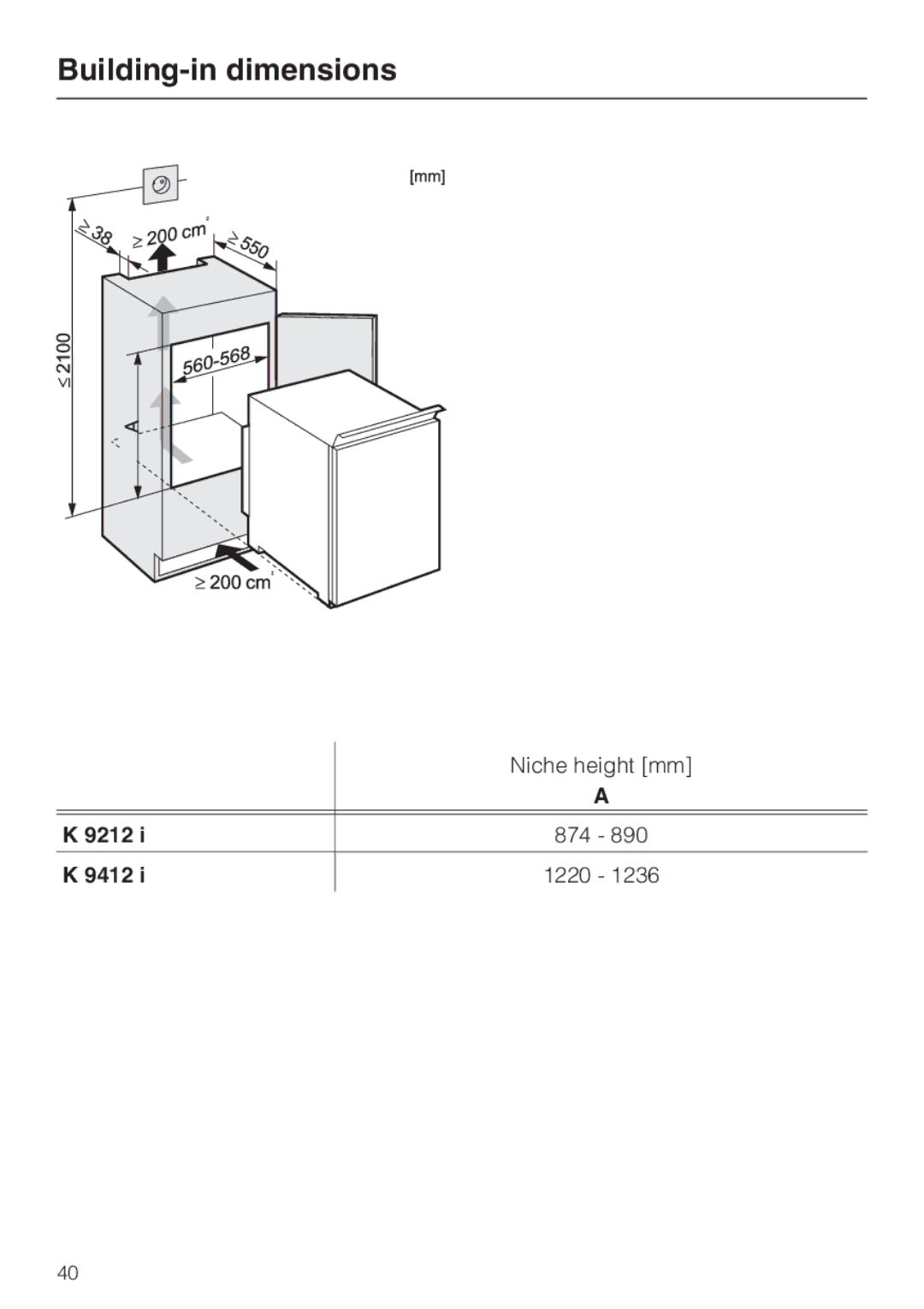 Miele K 9412 I, K 9212 I installation instructions Building-in dimensions, 9212 9412 