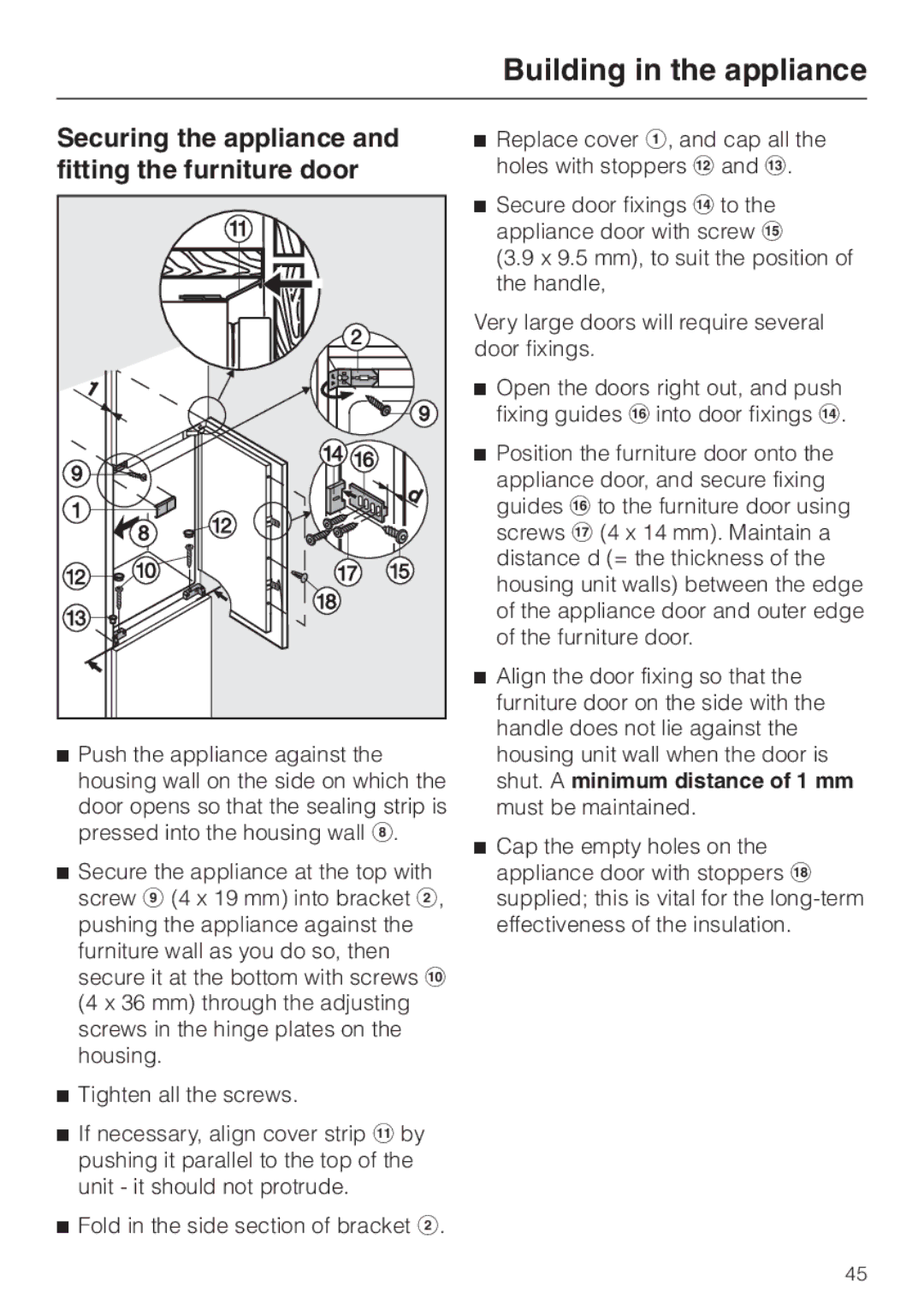 Miele K 9212 I, K 9412 I installation instructions Securing the appliance and fitting the furniture door 