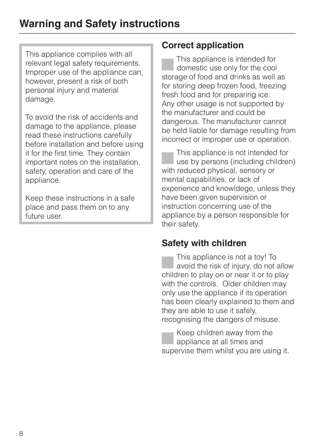 Miele K 9412 I, K 9212 I installation instructions Correct application, Safety with children 