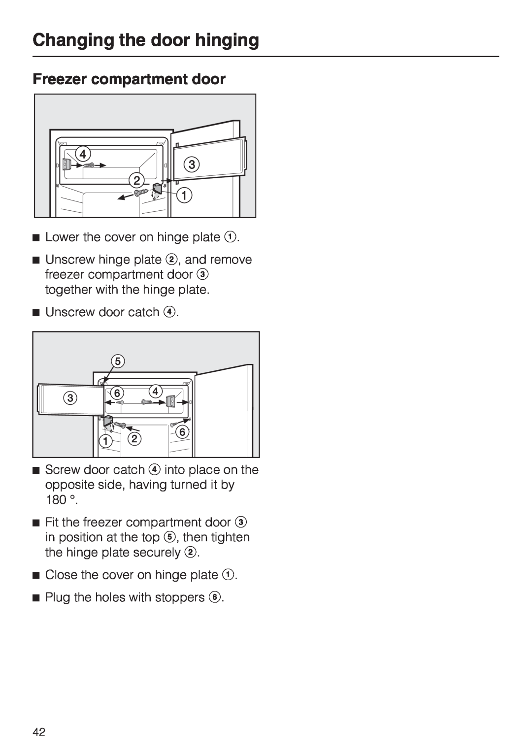 Miele K 9412 I, K 9212 I installation instructions Freezer compartment door, Changing the door hinging 