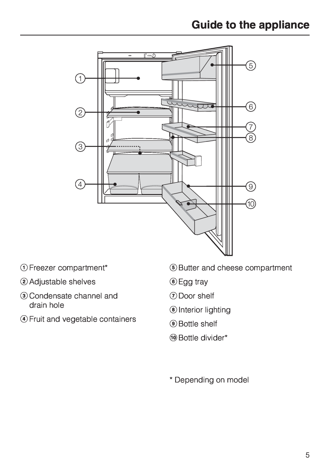 Miele K 9212 I Guide to the appliance, aFreezer compartment bAdjustable shelves, cCondensate channel and drain hole 