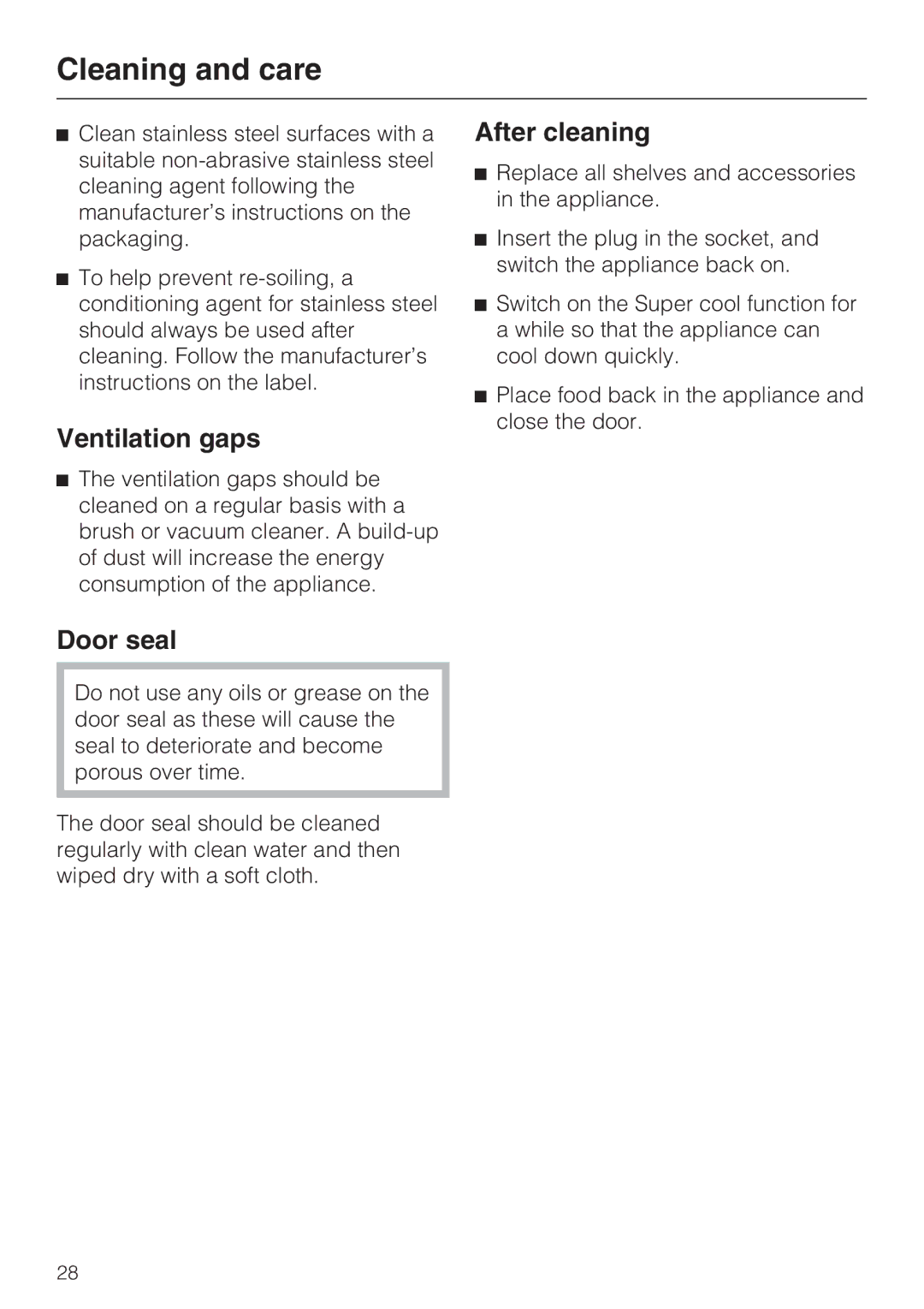 Miele K 9757 iD, K 9557 iD, K 9457 iD installation instructions Ventilation gaps, Door seal, After cleaning 