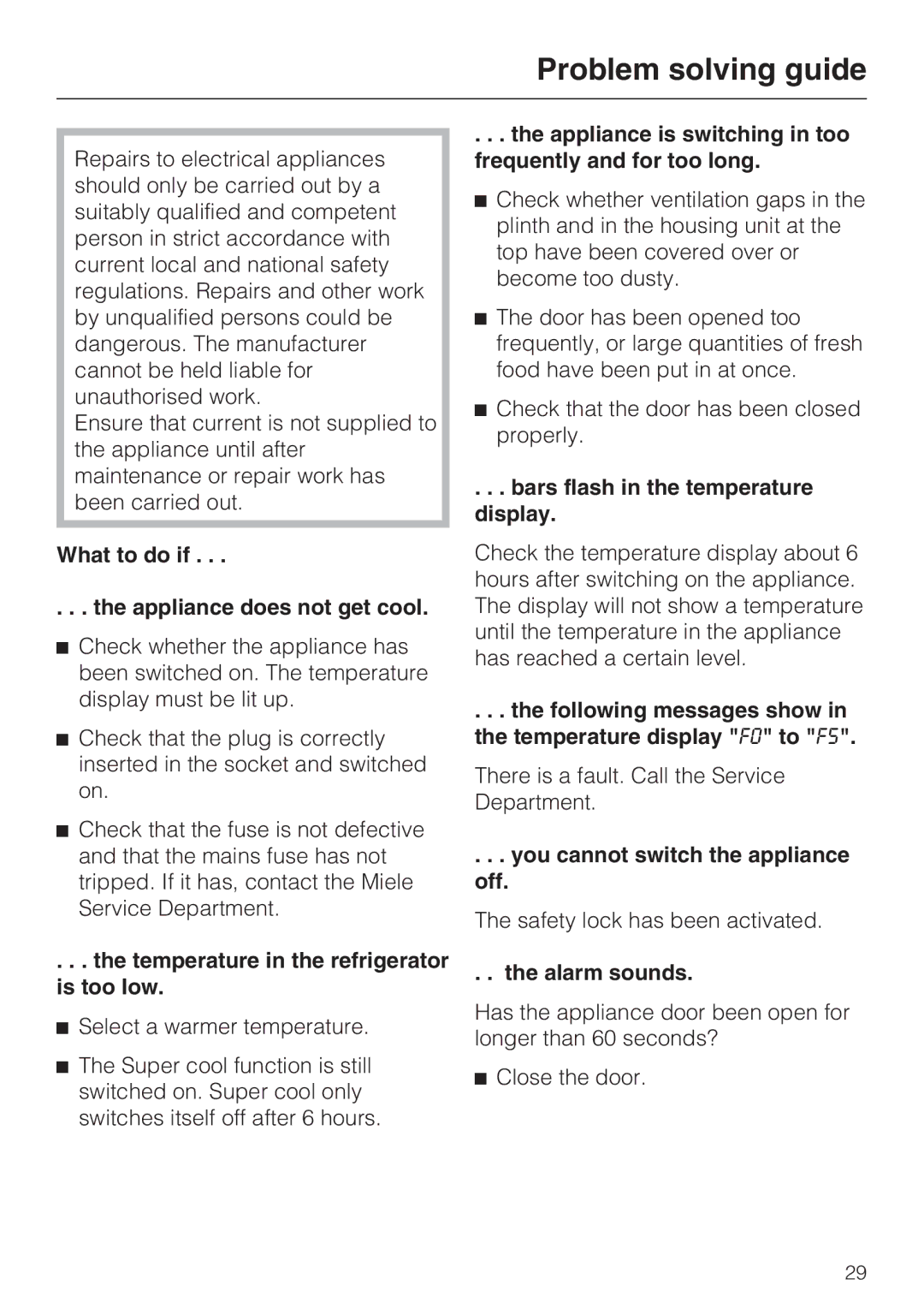 Miele K 9457 iD, K 9557 iD, K 9757 iD installation instructions Problem solving guide 