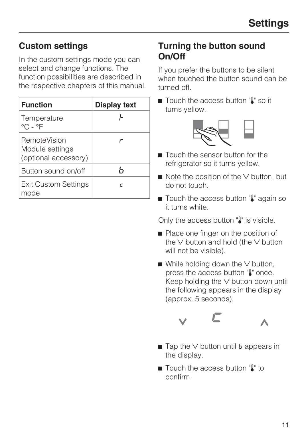 Miele K1811SF, K1801SF, K1901SF, K1911SF Custom settings, Turning the button sound On/Off, Function Display text 