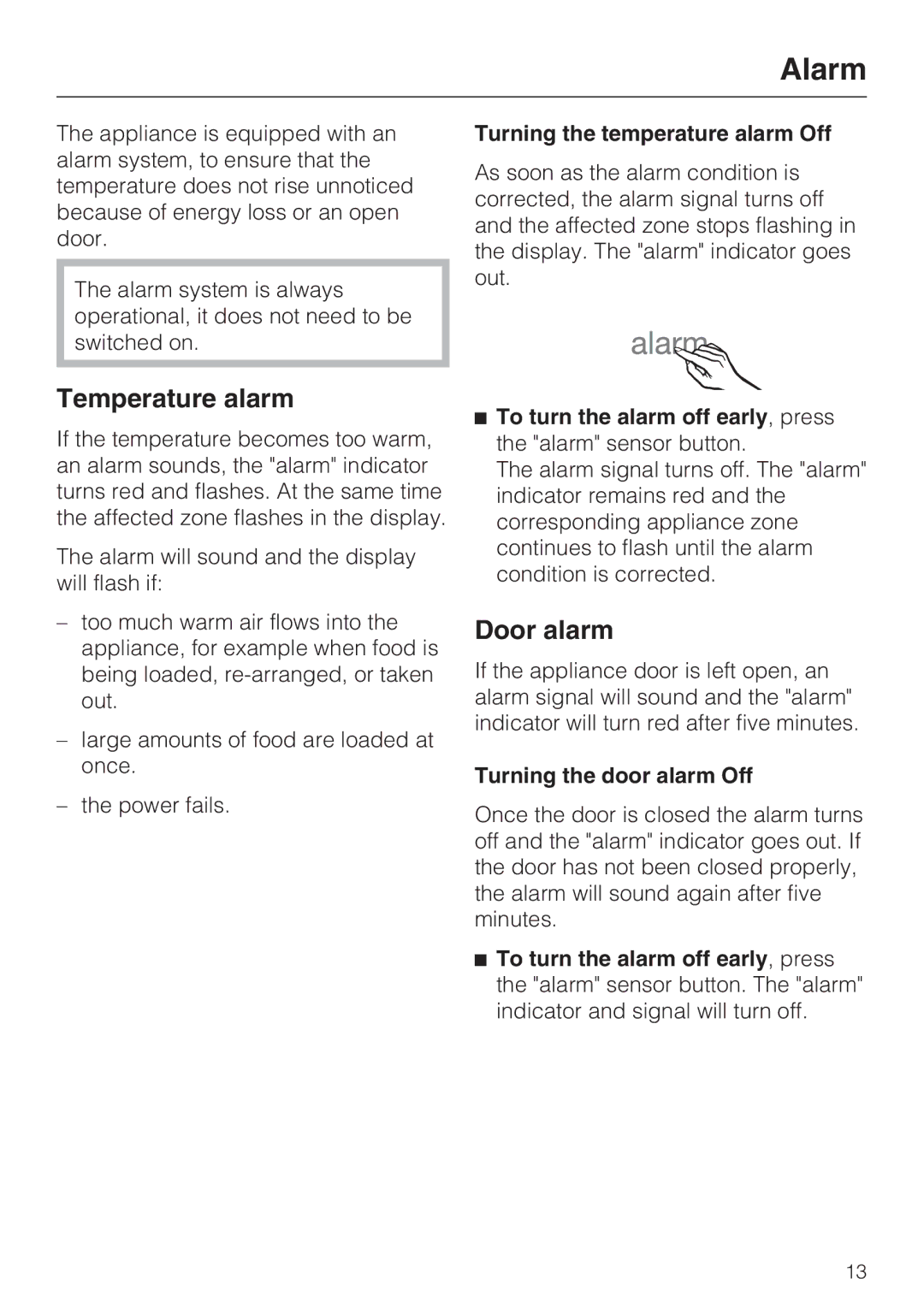 Miele K1901SF, K1801SF, K1911SF, K1811SF installation instructions Alarm, Temperature alarm, Door alarm 