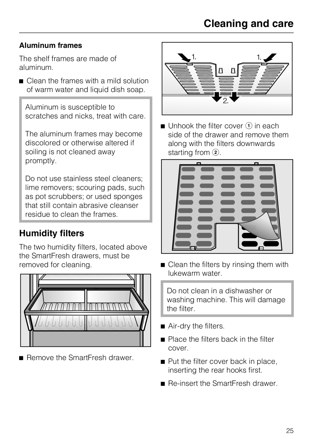 Miele K1901SF, K1801SF, K1911SF, K1811SF Humidity filters, Aluminum frames, Remove the SmartFresh drawer 