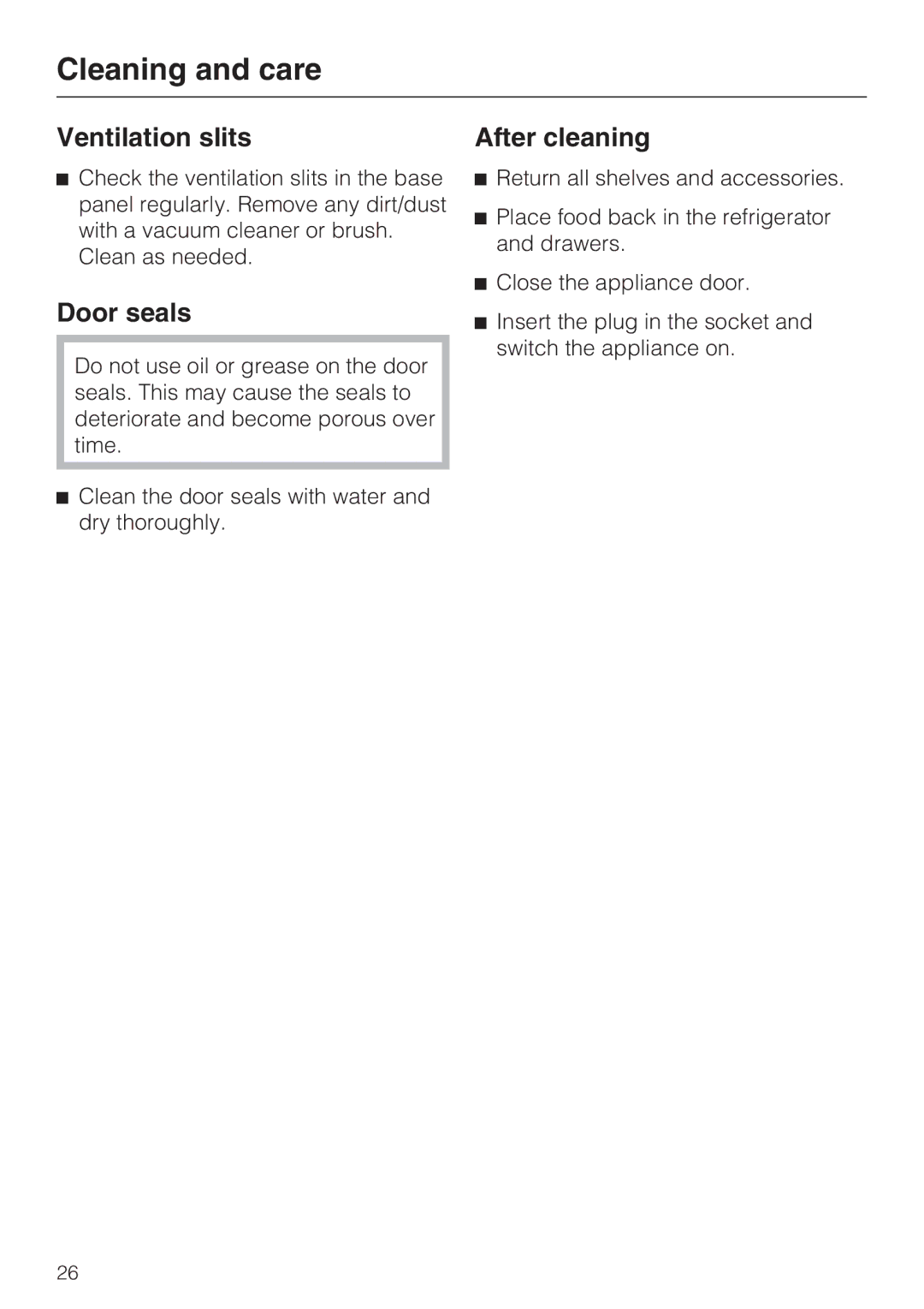 Miele K1911SF, K1801SF, K1901SF, K1811SF installation instructions Ventilation slits, Door seals, After cleaning 