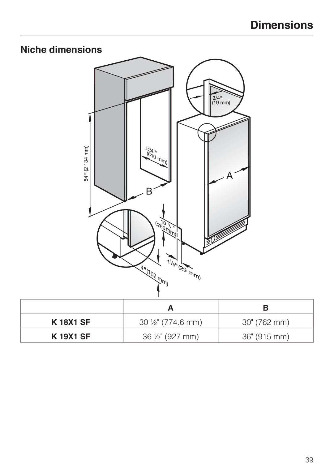 Miele K1811SF, K1801SF, K1901SF, K1911SF installation instructions Dimensions, Niche dimensions 