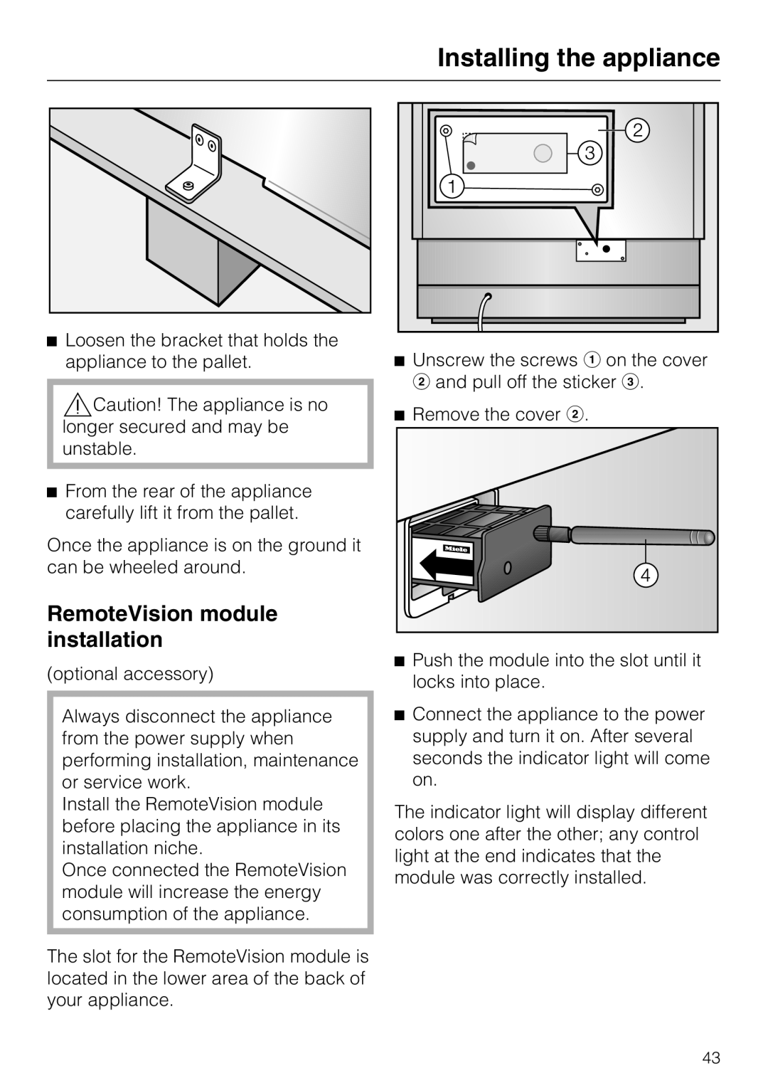 Miele K1811SF, K1801SF, K1901SF, K1911SF installation instructions RemoteVision module installation 