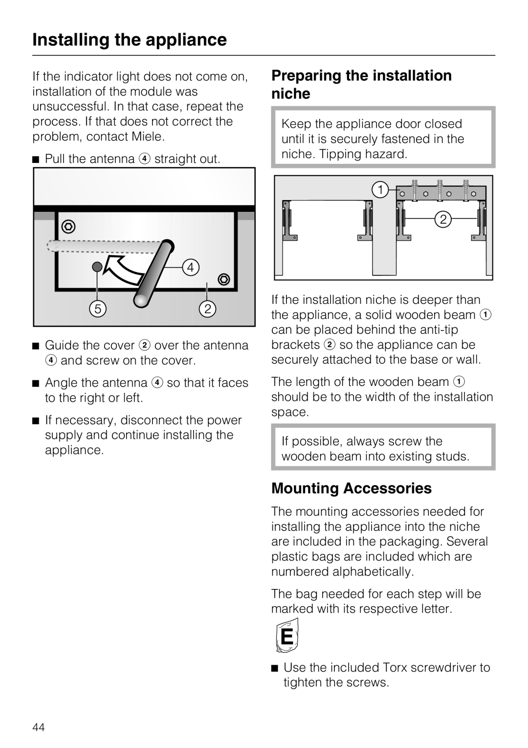 Miele K1801SF, K1901SF, K1911SF, K1811SF installation instructions Preparing the installation niche, Mounting Accessories 