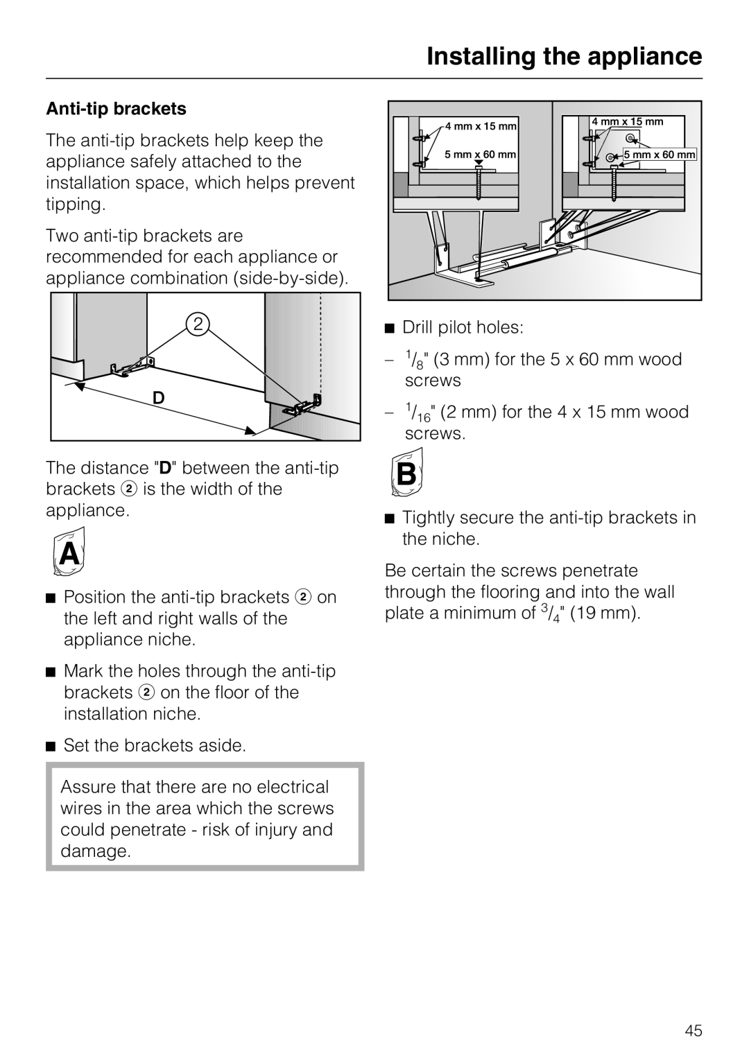 Miele K1901SF, K1801SF, K1911SF, K1811SF installation instructions Anti-tip brackets 