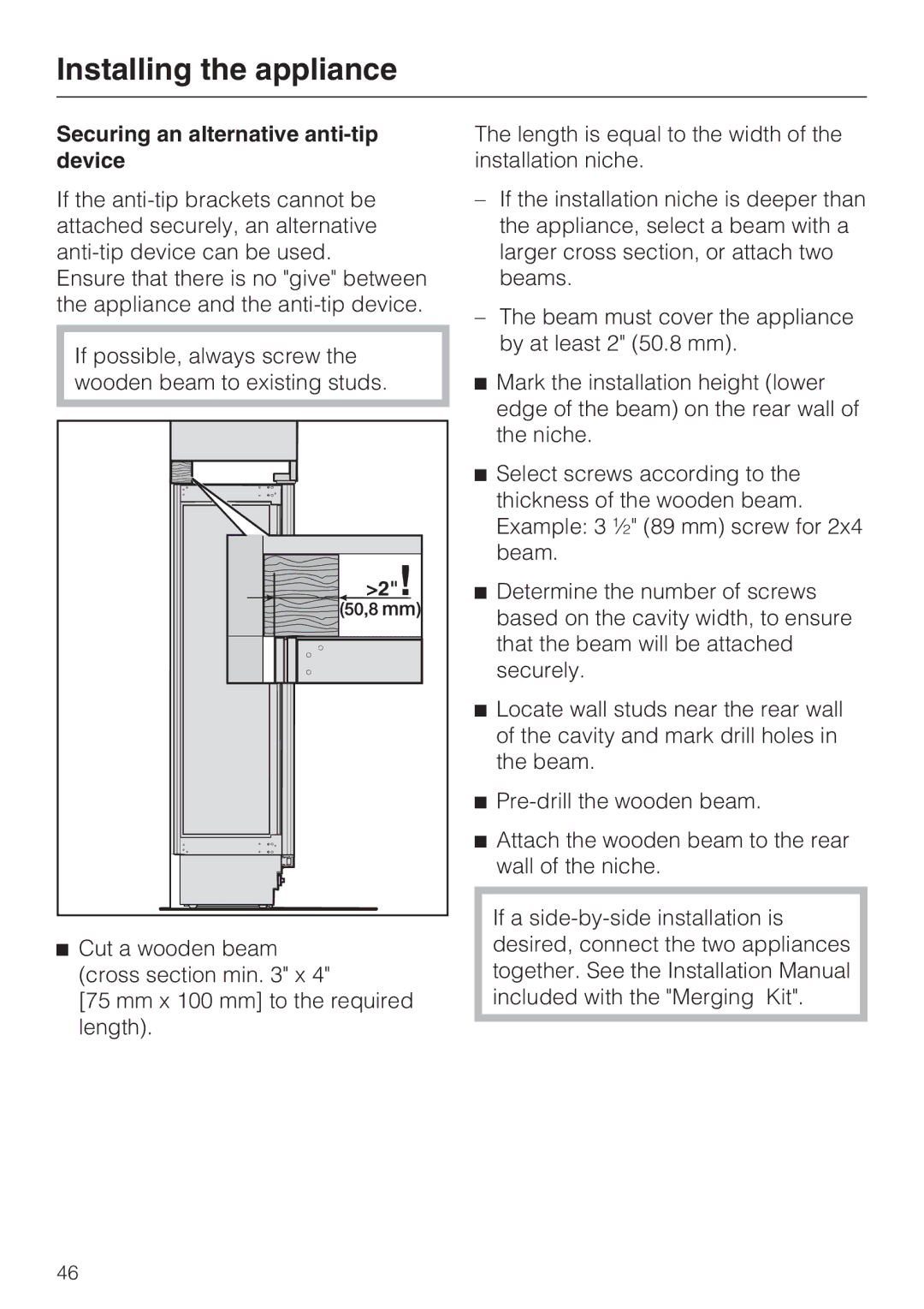 Miele K1911SF, K1801SF, K1901SF, K1811SF installation instructions Securing an alternative anti-tip device 