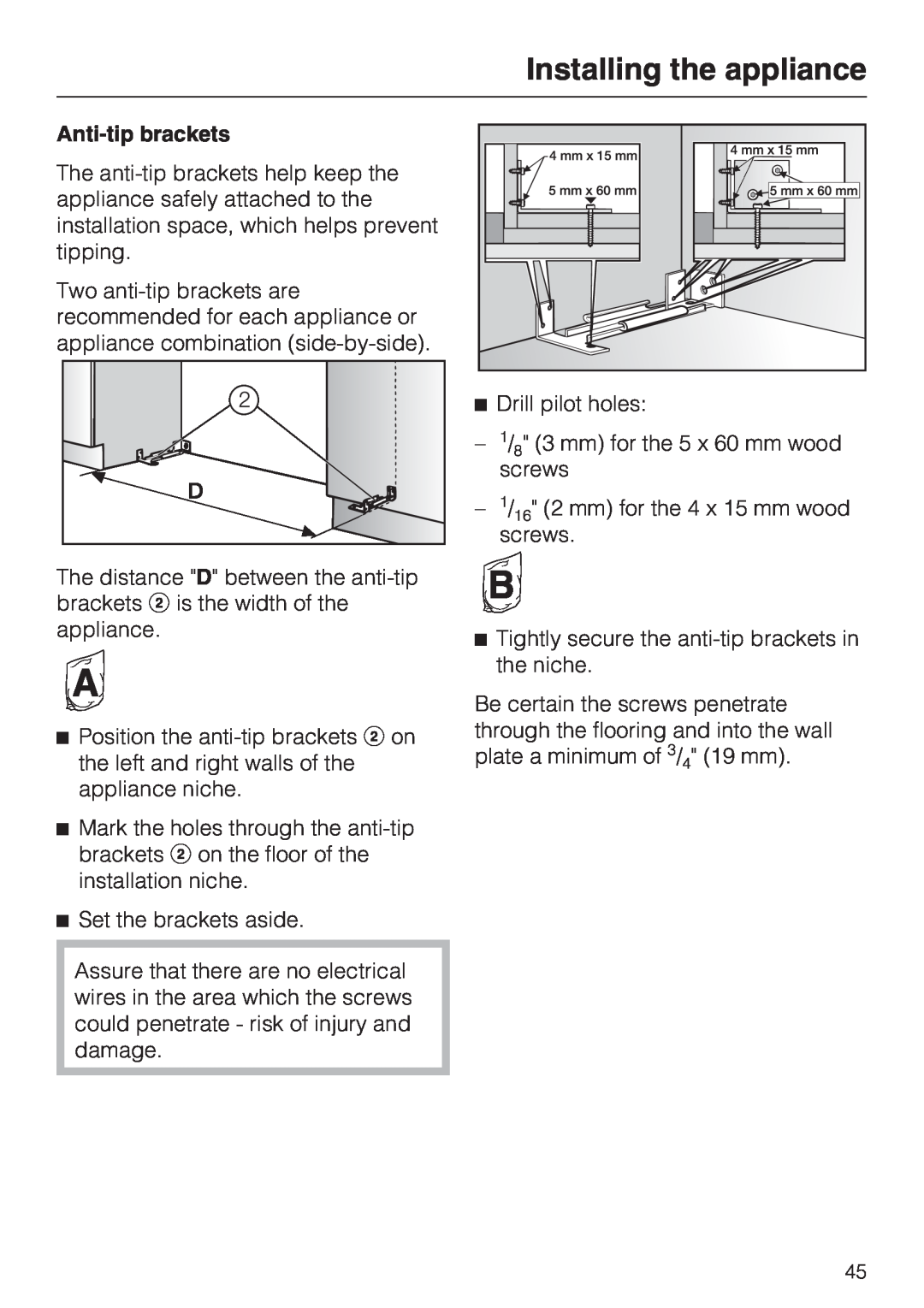 Miele K1901SF, K1801SF, K1911SF, K1811SF installation instructions Installing the appliance, Anti-tipbrackets 