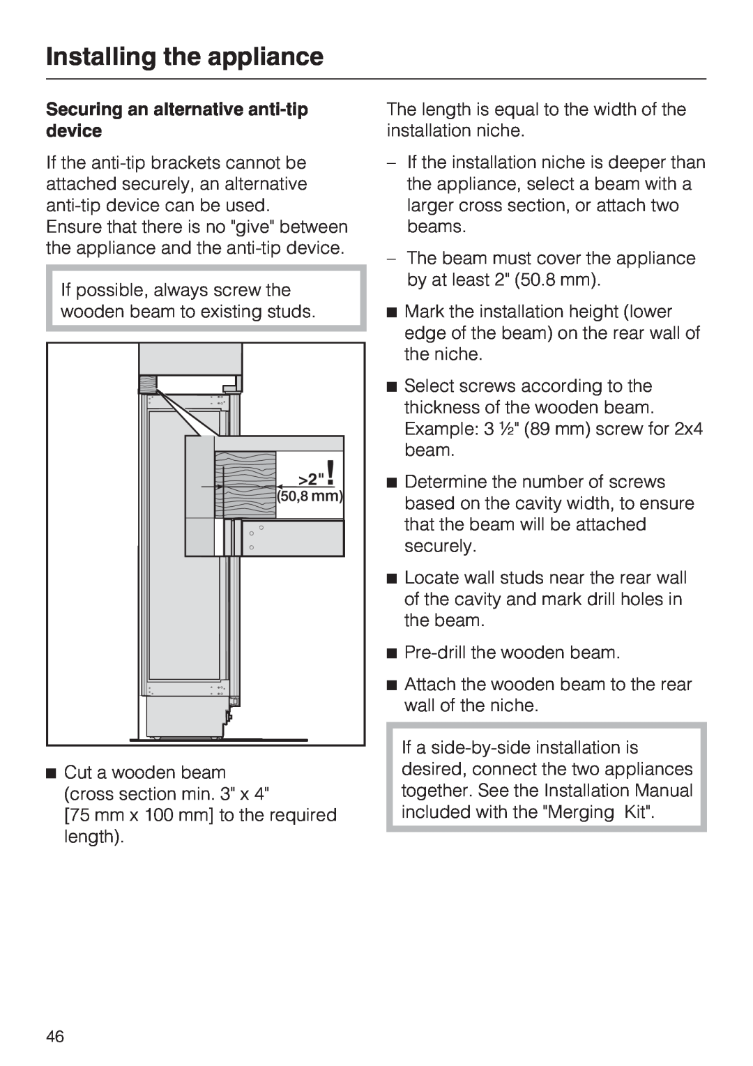 Miele K1911SF, K1801SF, K1901SF, K1811SF Installing the appliance, Securing an alternative anti-tipdevice 