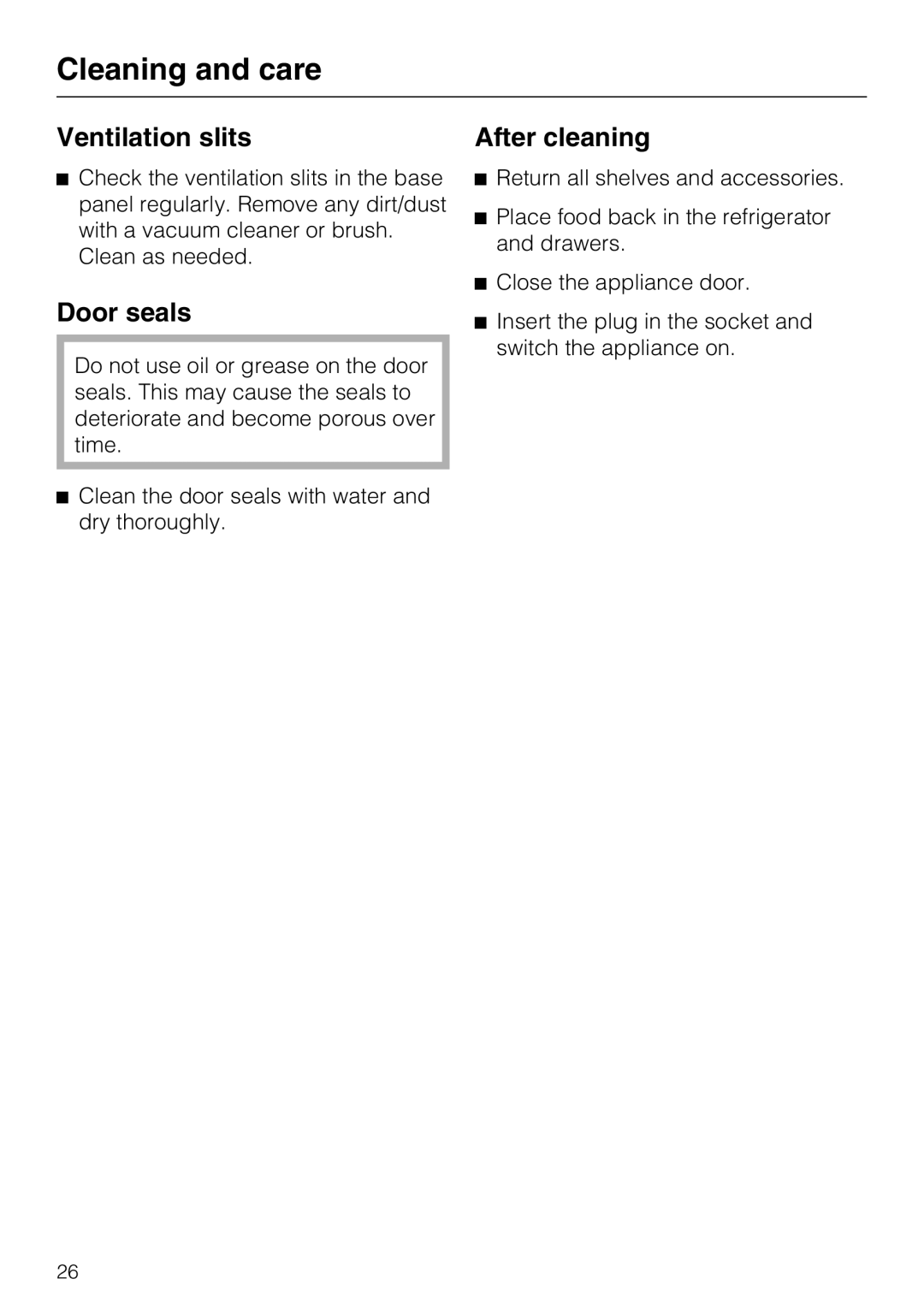 Miele K1911VI, K1801VI, K1811VI, K1901VI installation instructions Ventilation slits, Door seals, After cleaning 