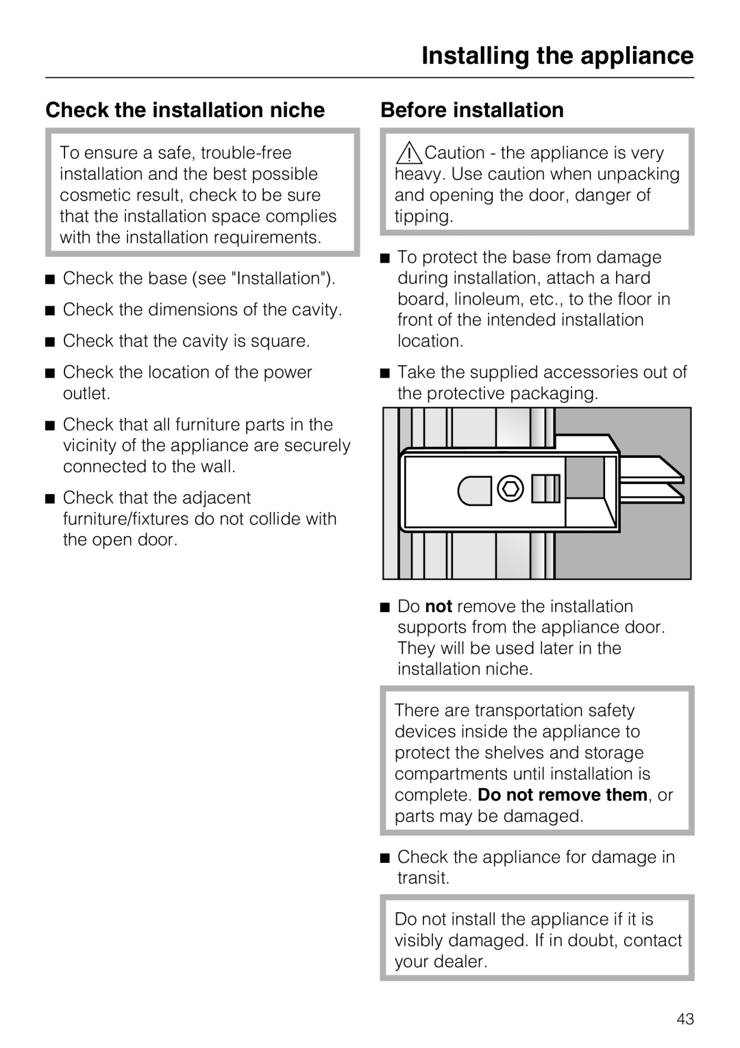 Miele K1901VI, K1801VI, K1811VI, K1911VI installation instructions Check the installation niche Before installation 