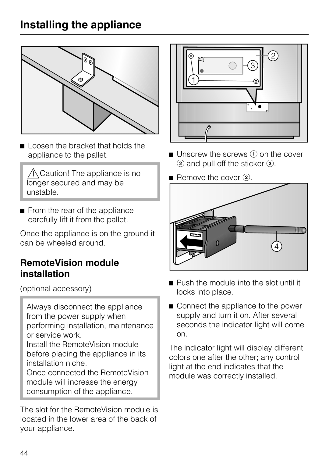 Miele K1801VI, K1811VI, K1911VI, K1901VI installation instructions RemoteVision module installation 