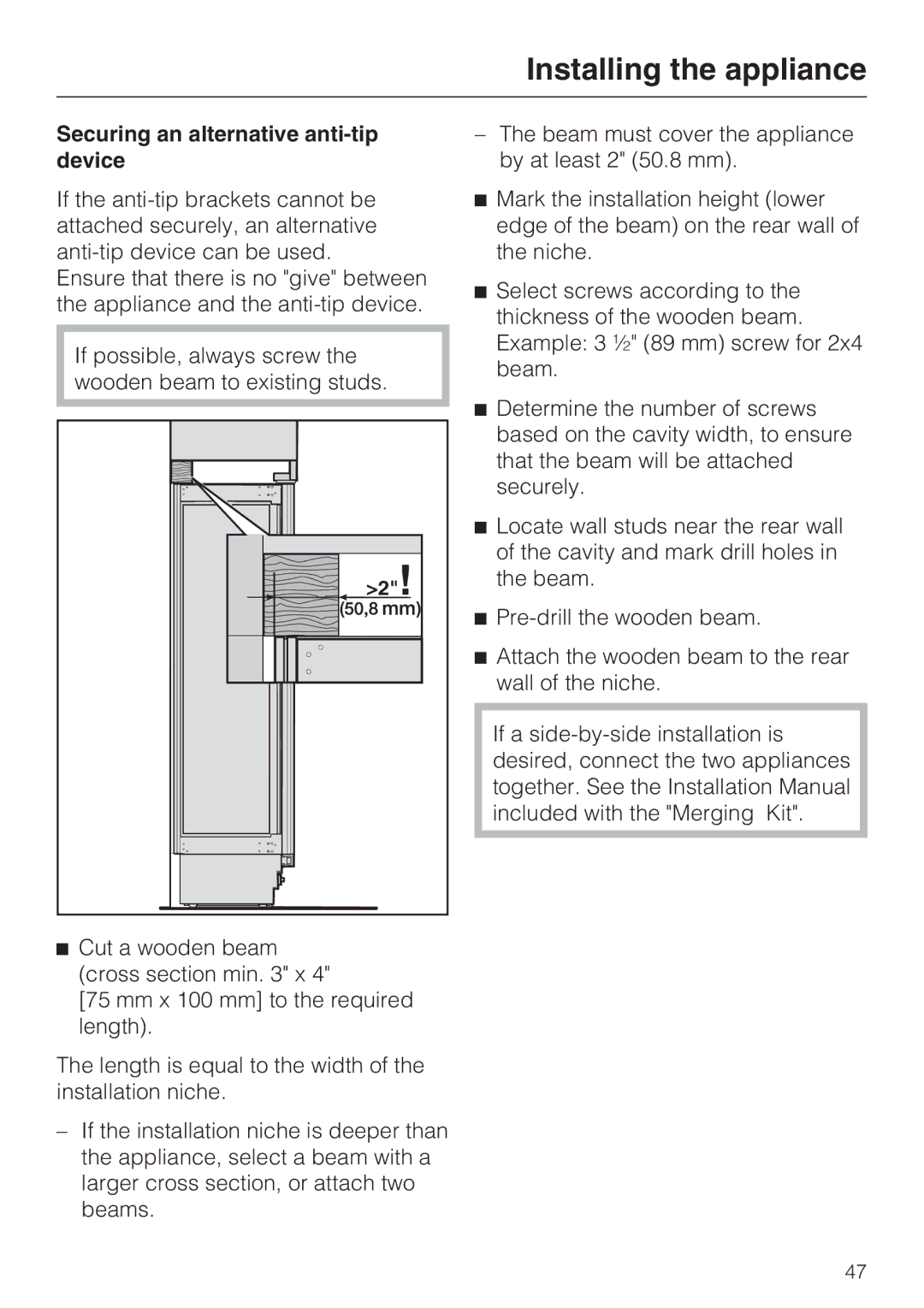 Miele K1901VI, K1801VI, K1811VI, K1911VI installation instructions Securing an alternative anti-tip device 