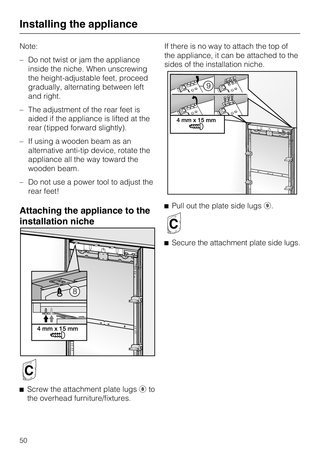 Miele K1911VI, K1801VI, K1811VI, K1901VI installation instructions Attaching the appliance to the installation niche 