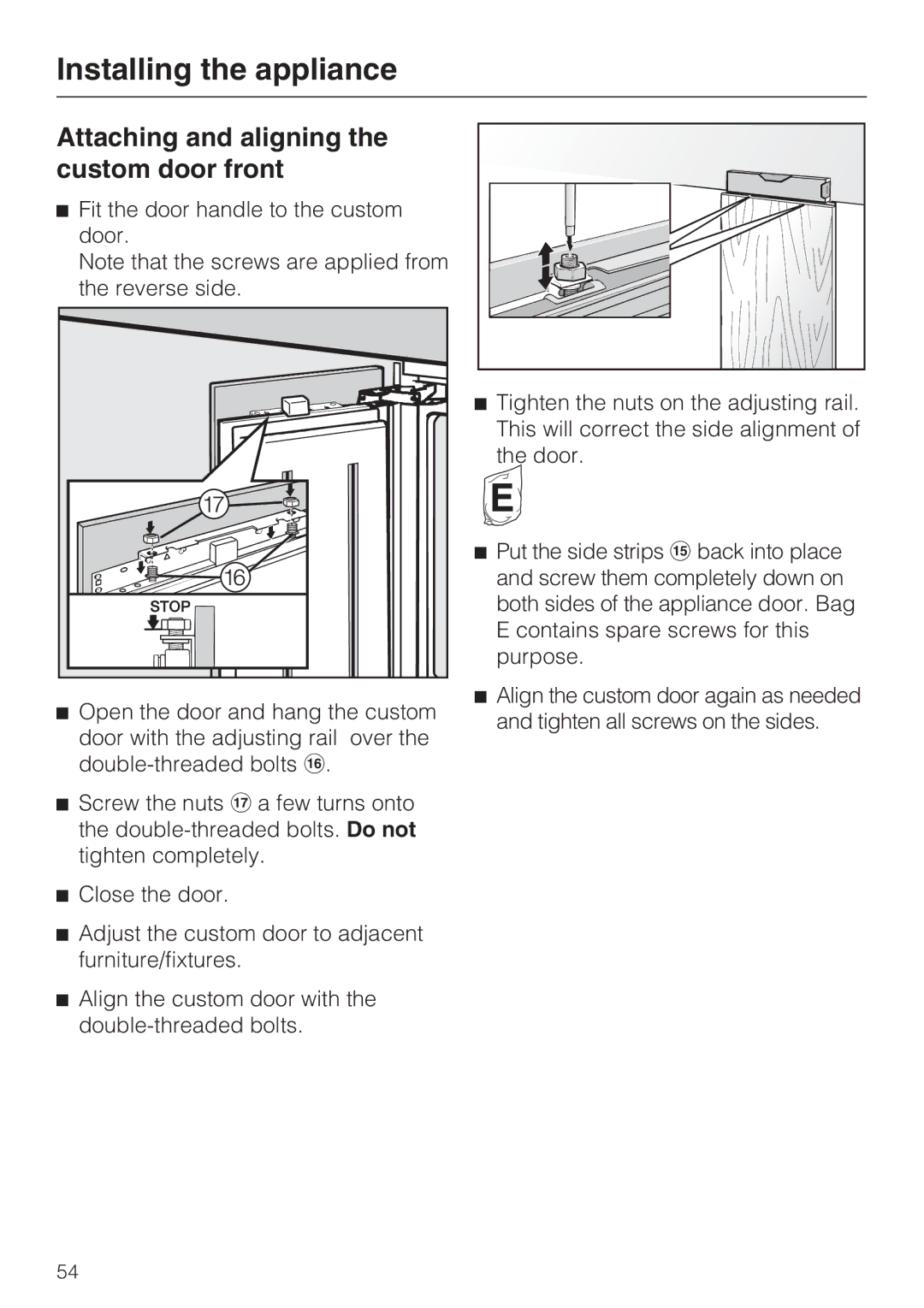 Miele K1911VI, K1801VI, K1811VI, K1901VI installation instructions Attaching and aligning the custom door front 