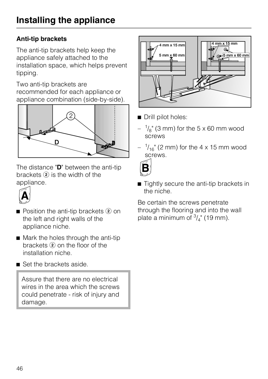 Miele K1911VI, K1801VI, K1811VI, K1901VI installation instructions Installing the appliance, Anti-tip brackets 