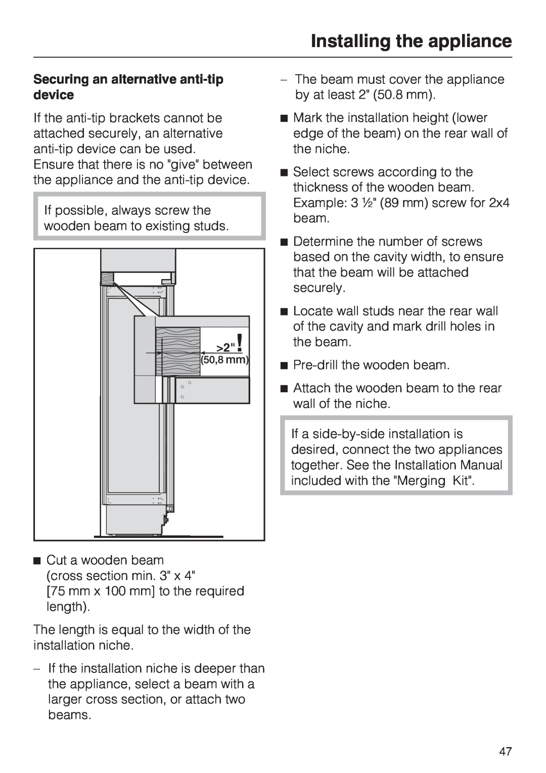 Miele K1901VI, K1801VI, K1811VI, K1911VI Installing the appliance, Securing an alternative anti-tip device 