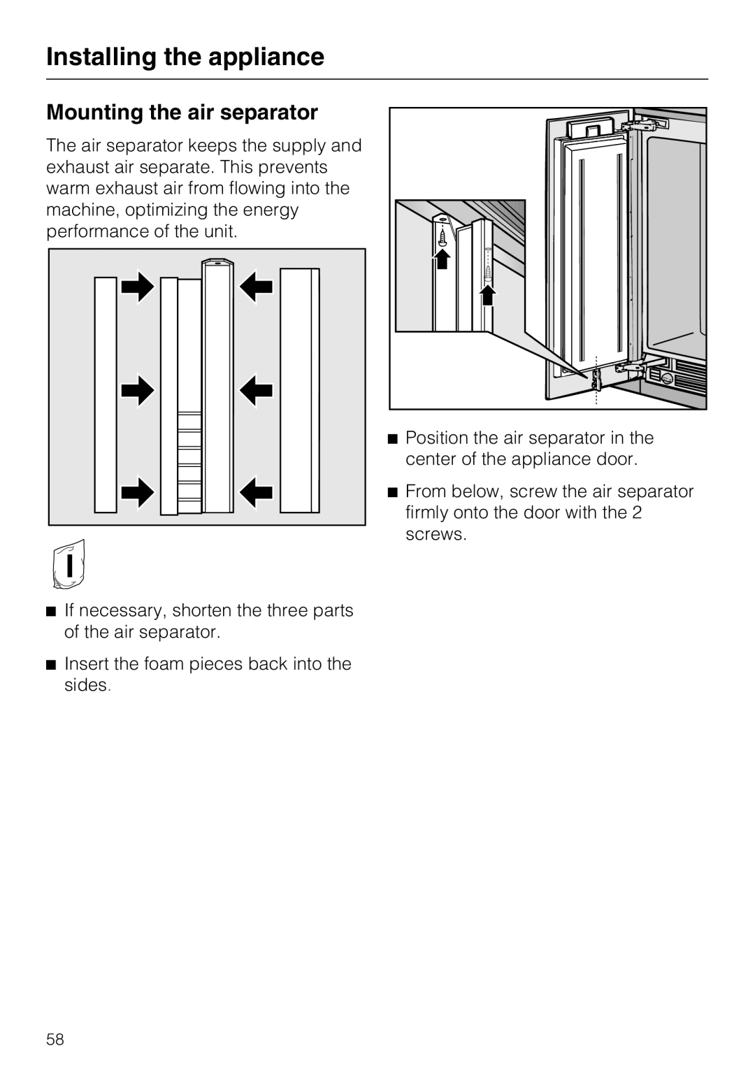 Miele K1911VI, K1801VI, K1811VI, K1901VI installation instructions Mounting the air separator, Installing the appliance 