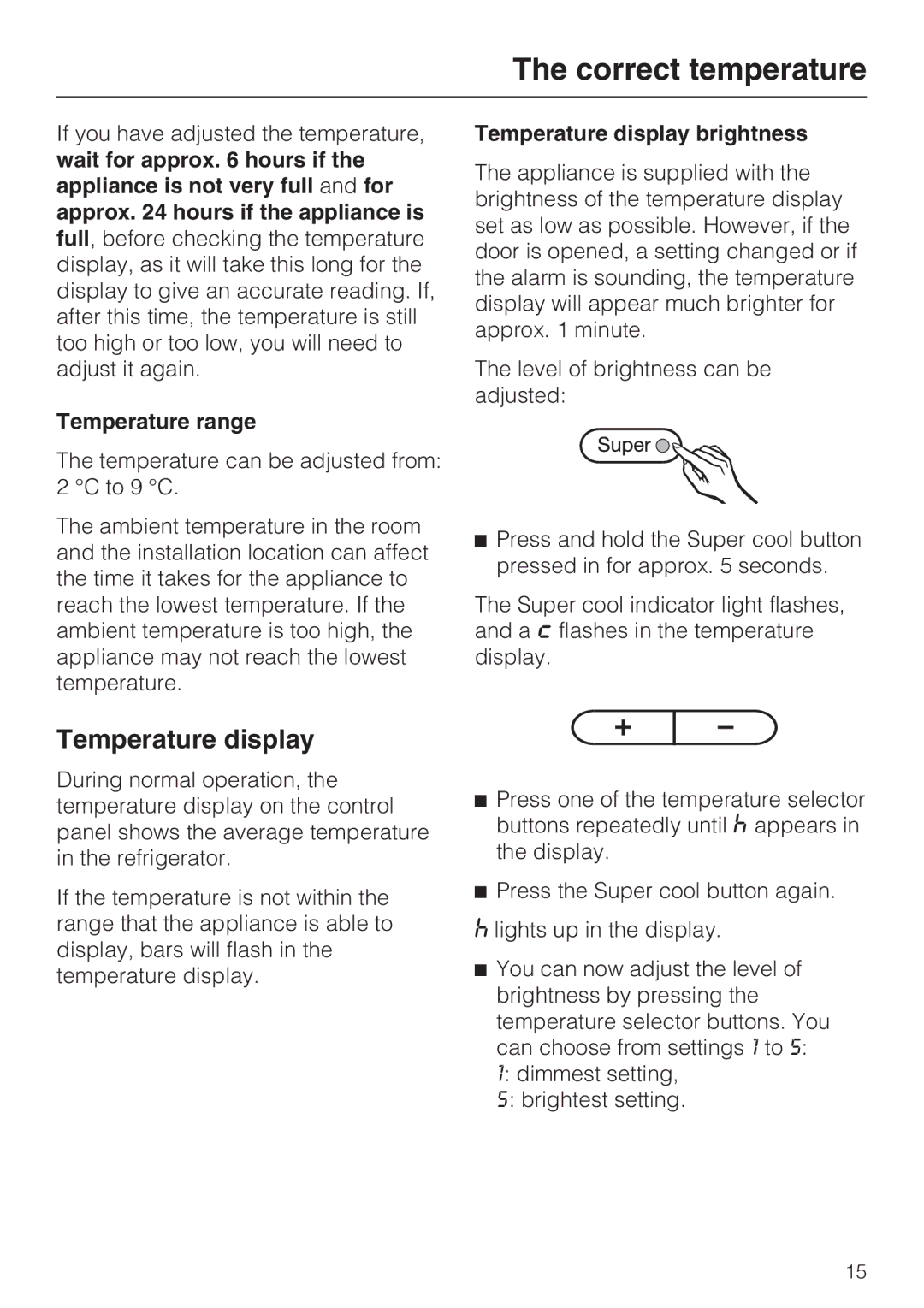 Miele K9552, K9752 installation instructions Temperature range, Temperature display brightness 