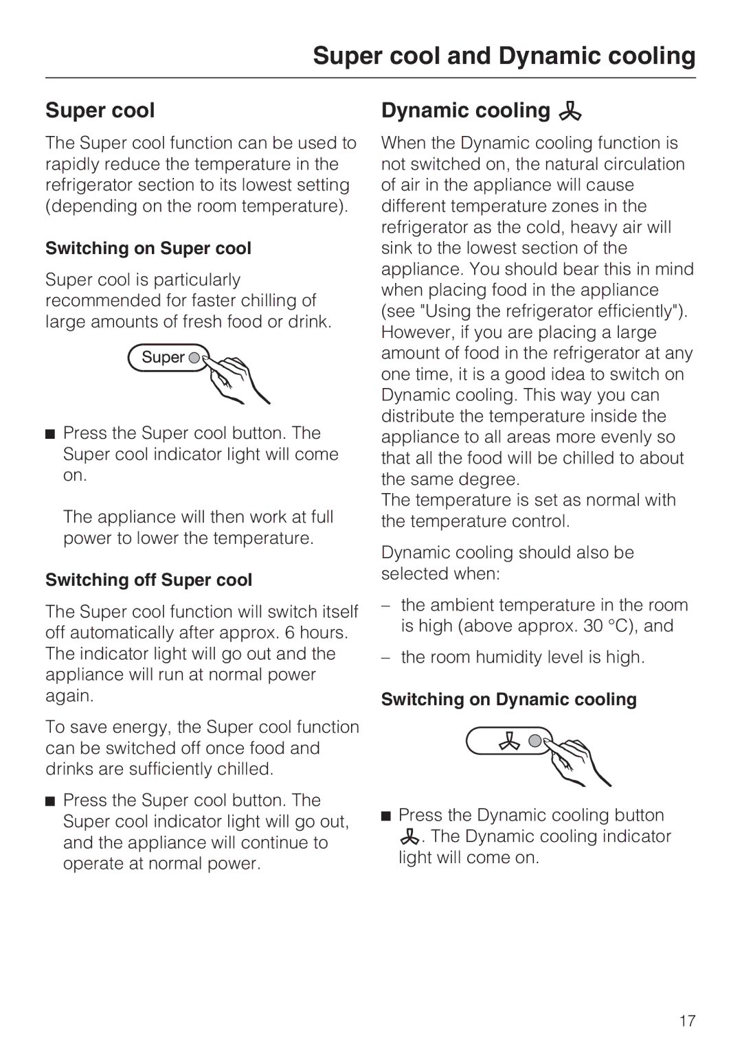 Miele K9552, K9752 installation instructions Super cool and Dynamic cooling, Dynamic cooling m 