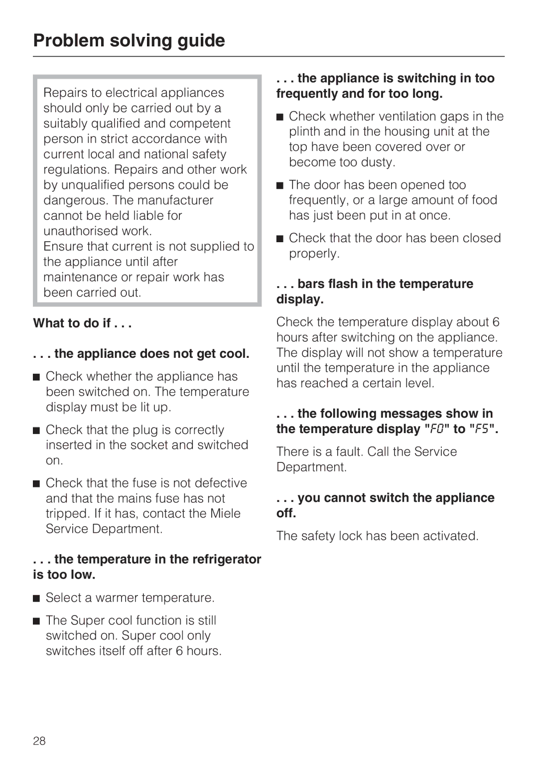 Miele K9752, K9552 installation instructions Problem solving guide 