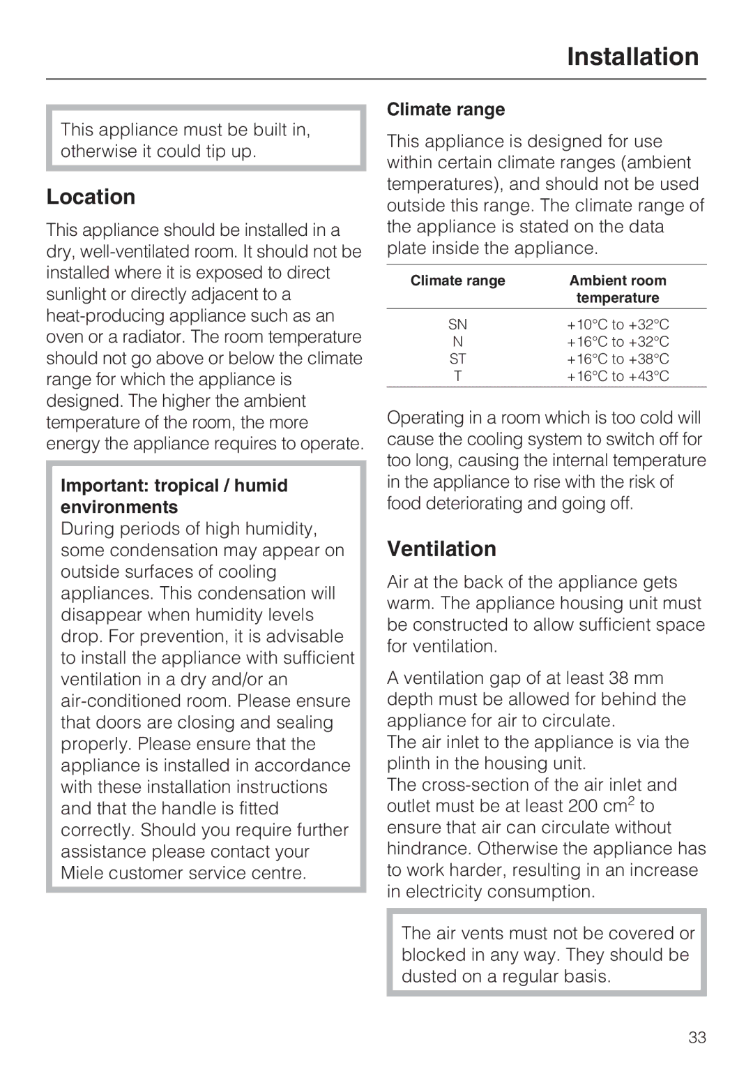 Miele K9552, K9752 Installation, Location, Ventilation, Important tropical / humid environments, Climate range 