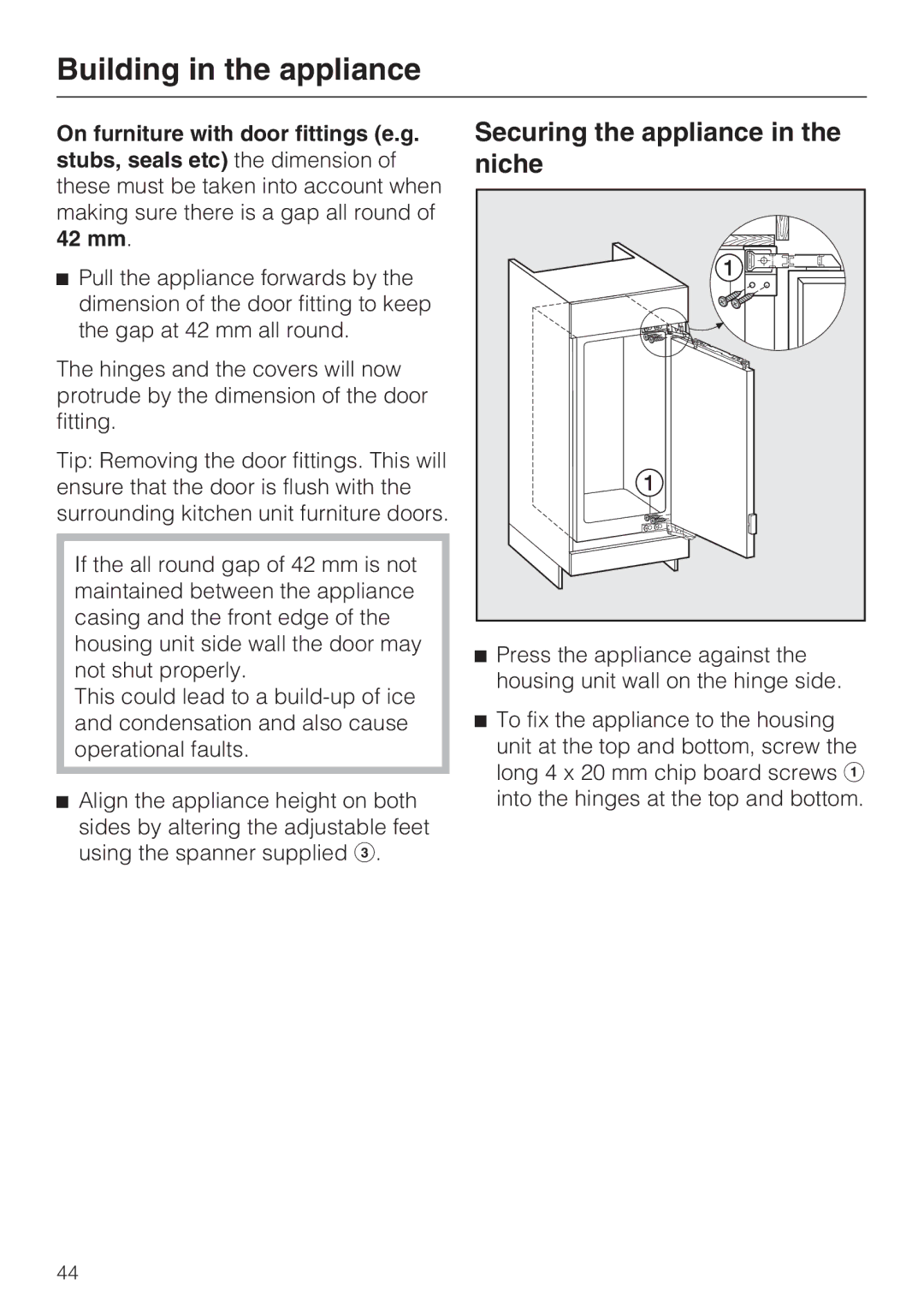 Miele K9752, K9552 installation instructions Securing the appliance in the niche 