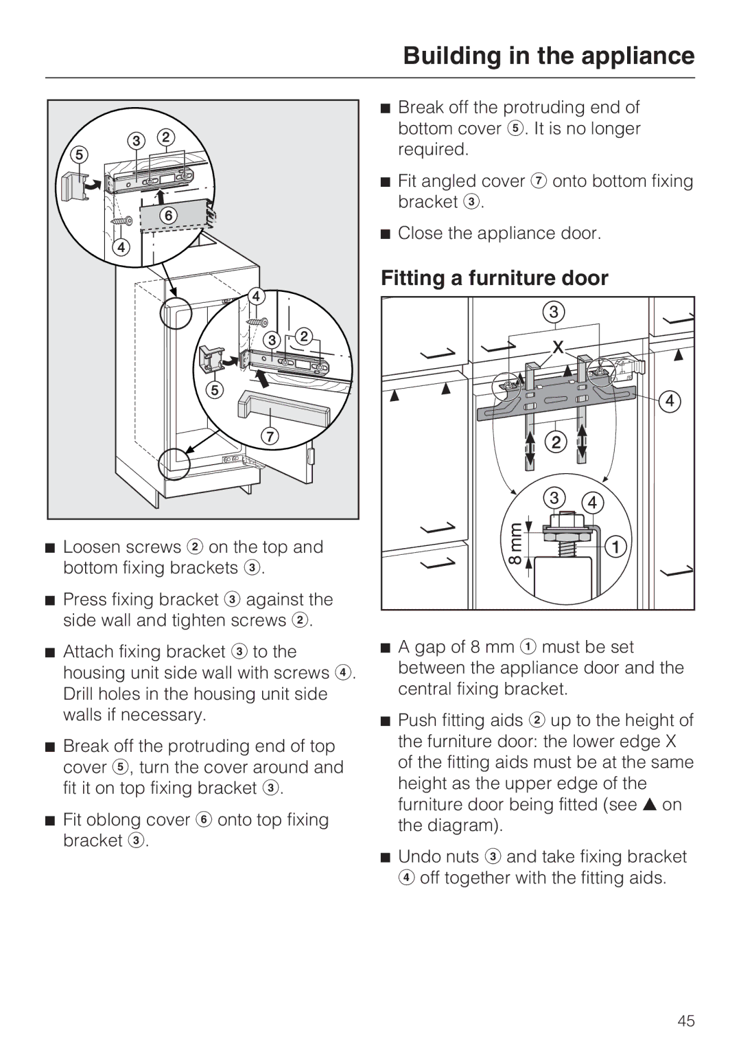 Miele K9552, K9752 installation instructions Fitting a furniture door 