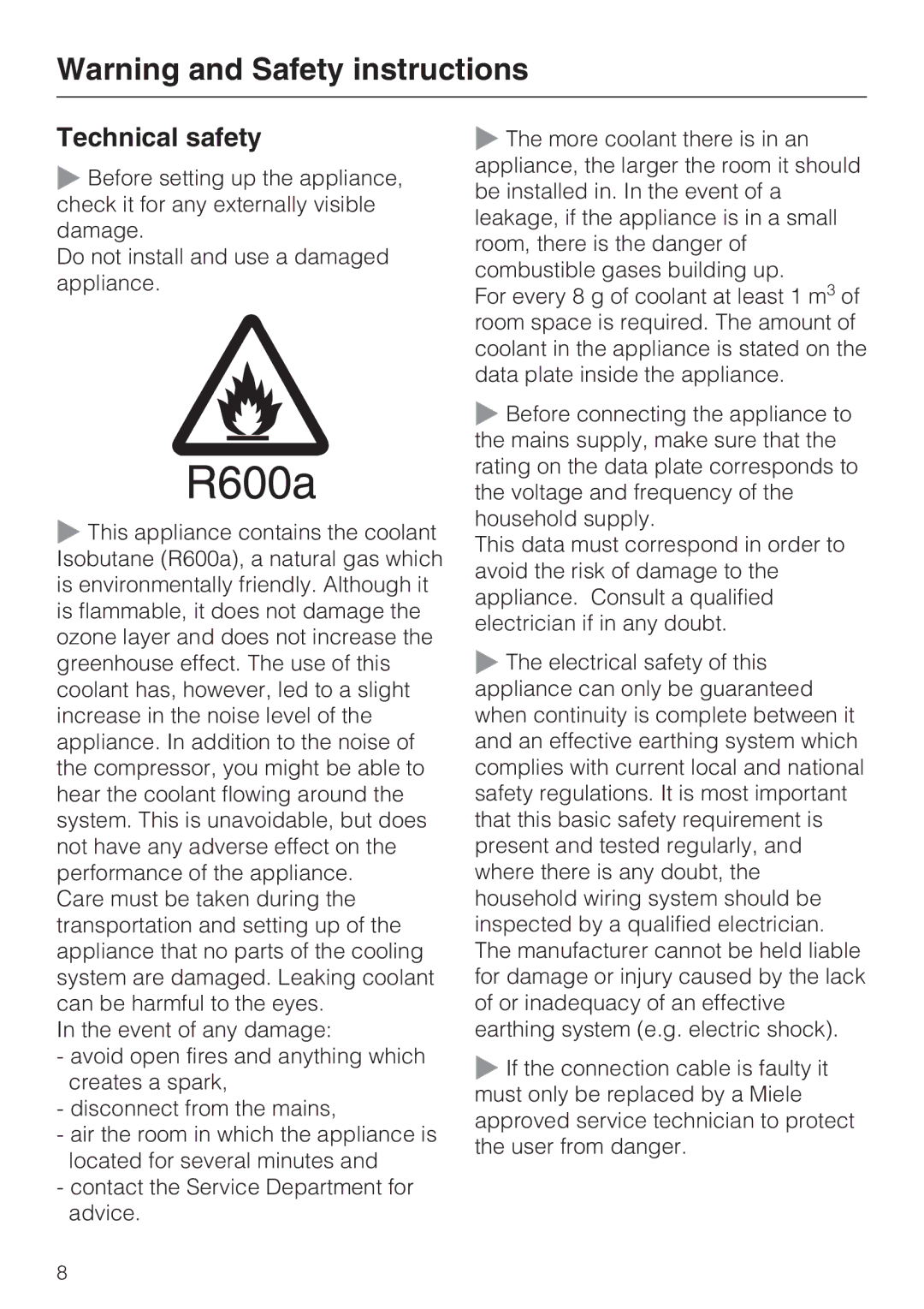 Miele K9752, K9552 installation instructions Technical safety 