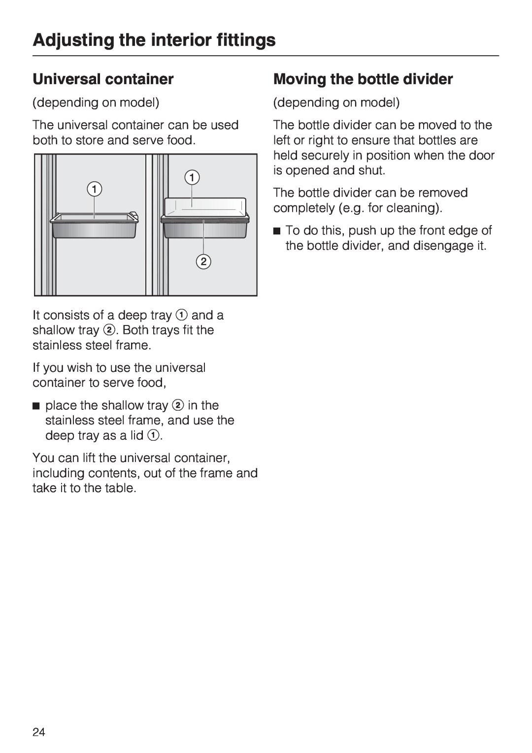 Miele K9752, K9552 installation instructions Universal container, Moving the bottle divider, Adjusting the interior fittings 