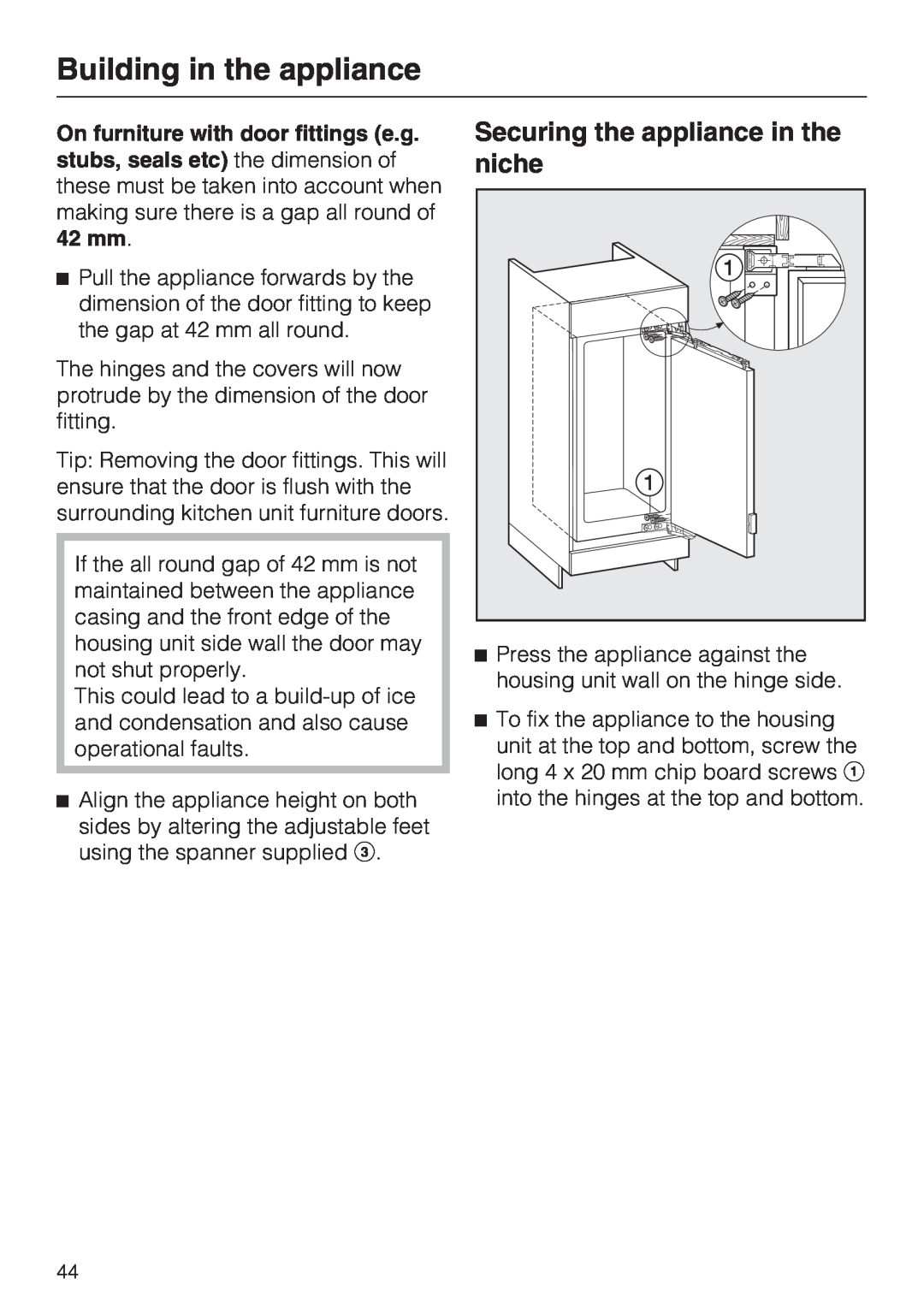 Miele K9752, K9552 installation instructions Securing the appliance in the niche, Building in the appliance 