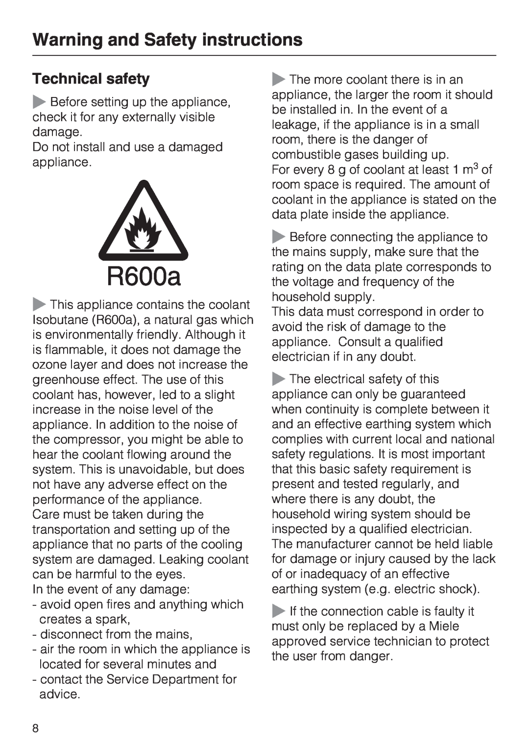 Miele K9752, K9552 installation instructions Technical safety, Warning and Safety instructions 