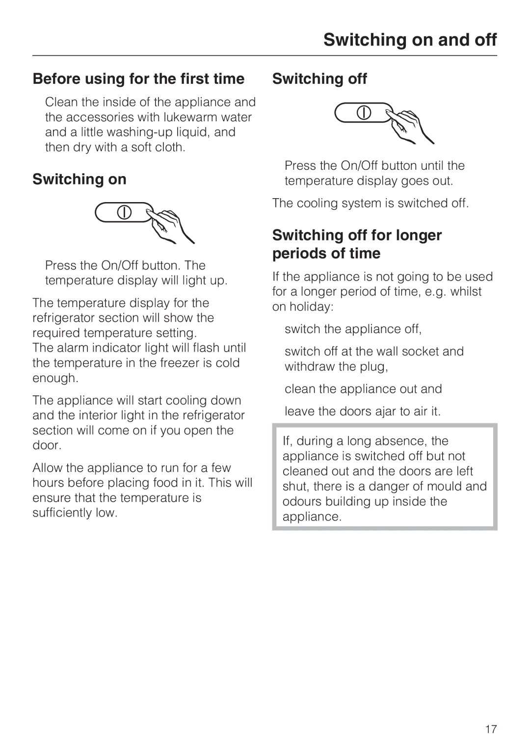 Miele KDN 12623 S-1/-2 installation instructions Switching on and off, Before using for the first time Switching off 