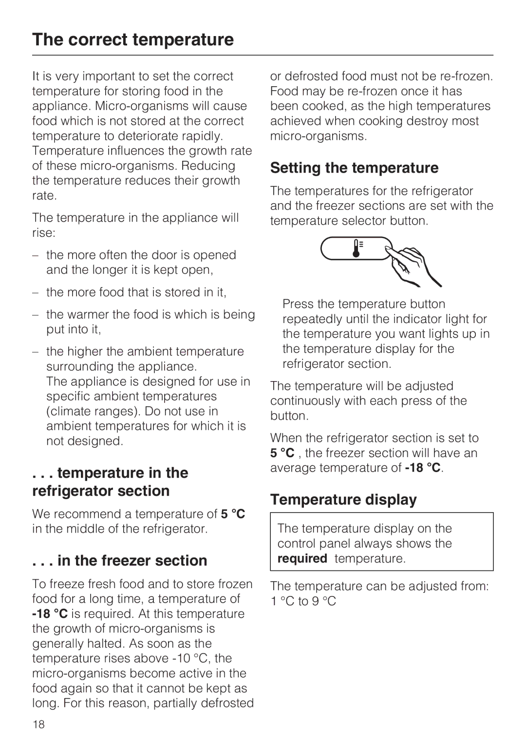 Miele KDN 12623 S-1/-2 Correct temperature, Temperature in the refrigerator section, Freezer section, Temperature display 