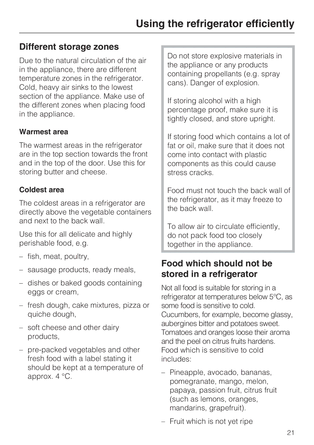 Miele KDN 12623 S-1 Using the refrigerator efficiently, Different storage zones, Warmest area, Coldest area 