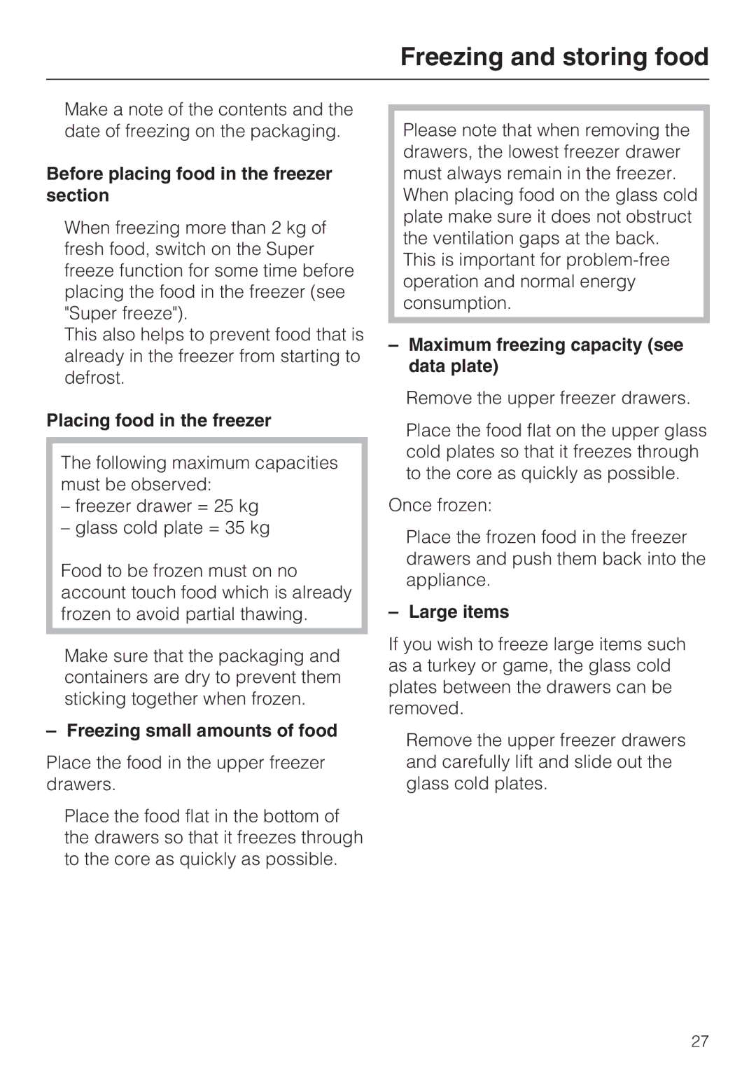 Miele KDN 12623 S-1/-2 Before placing food in the freezer section, Placing food in the freezer, Large items 
