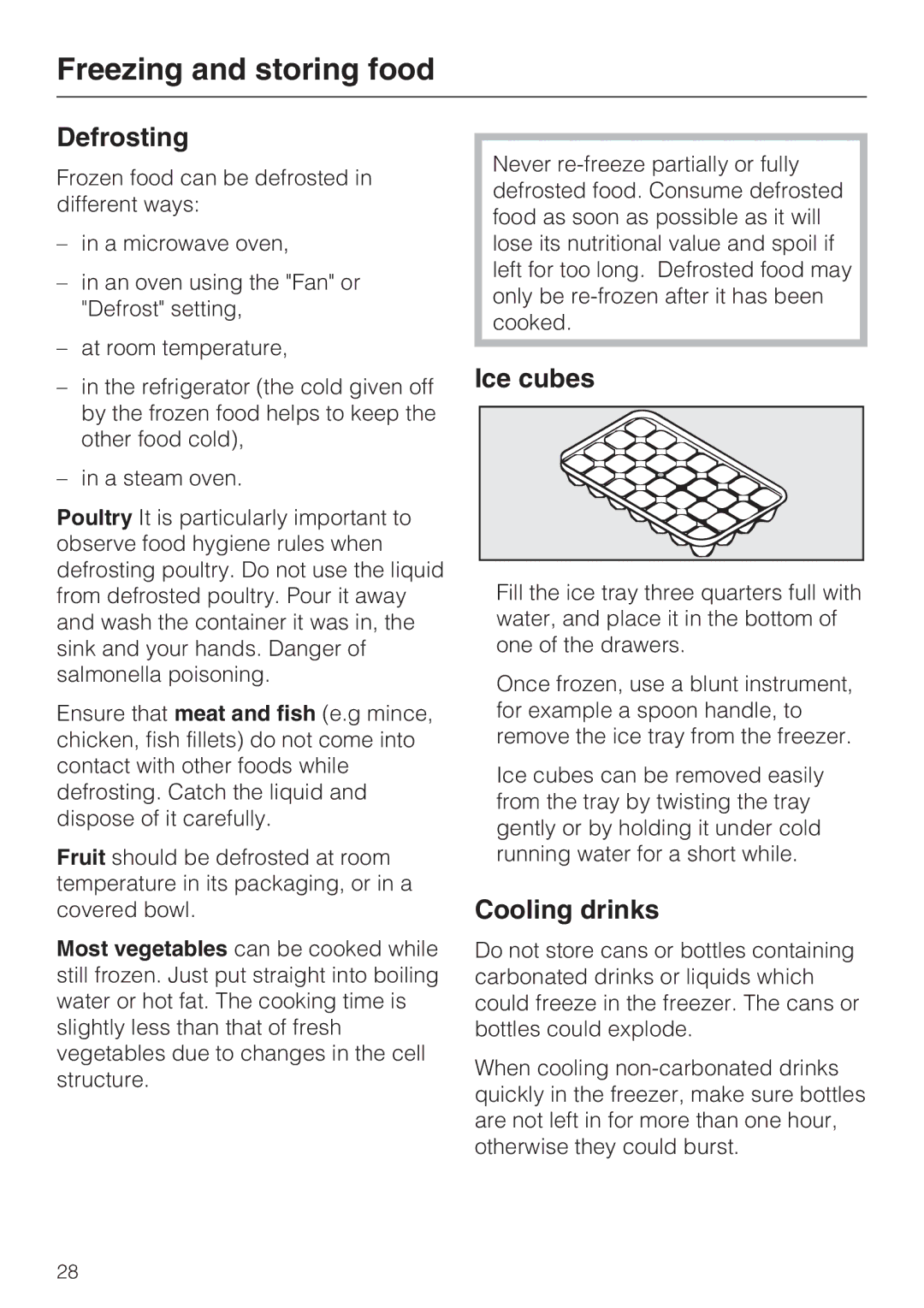 Miele KDN 12623 S-1/-2 installation instructions Defrosting, Ice cubes, Cooling drinks 