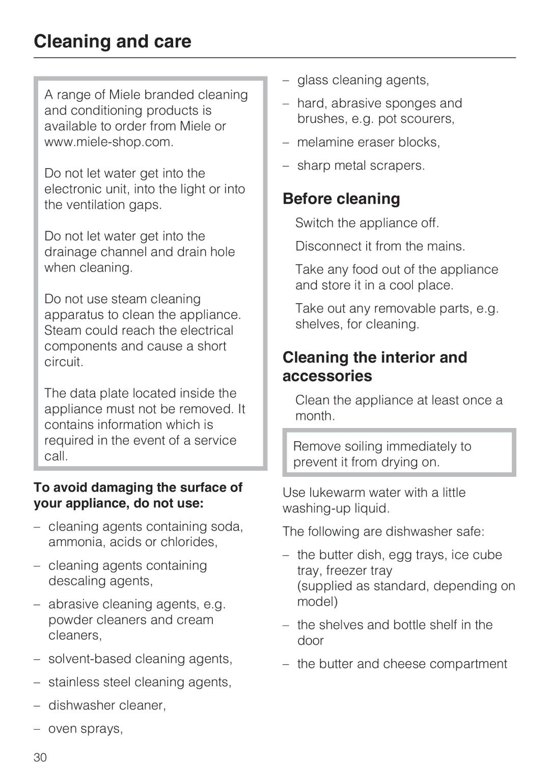 Miele KDN 12623 S-1/-2 installation instructions Cleaning and care, Before cleaning, Cleaning the interior and accessories 