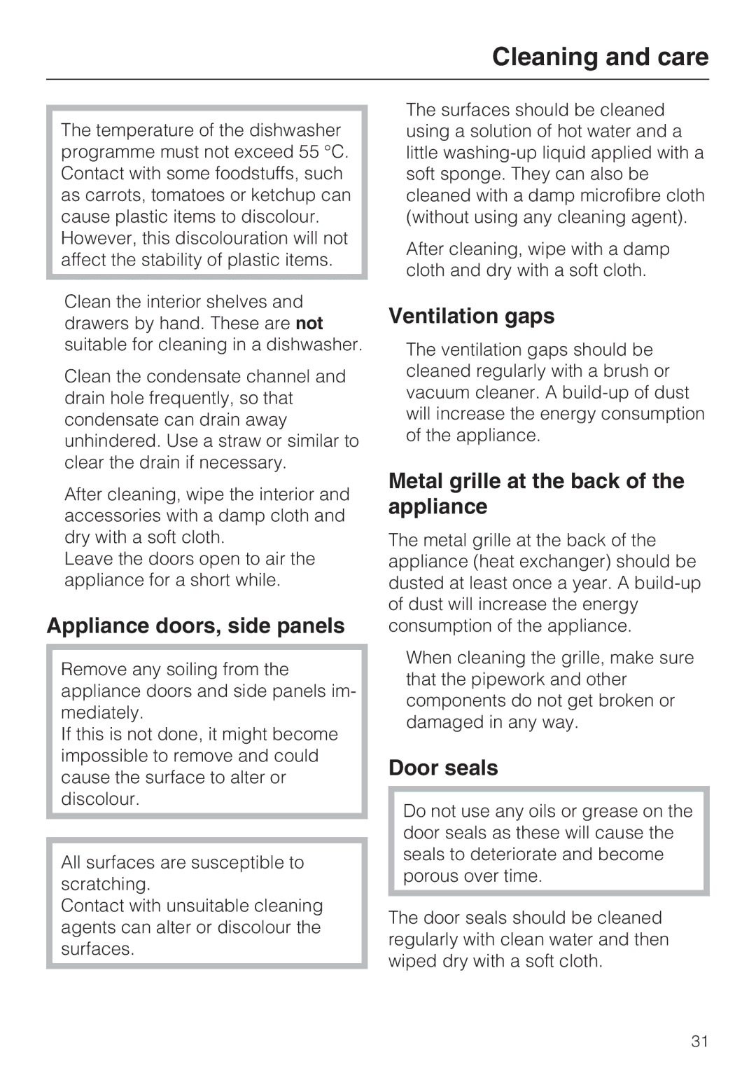 Miele KDN 12623 S-1 Appliance doors, side panels, Ventilation gaps, Metal grille at the back of the appliance, Door seals 