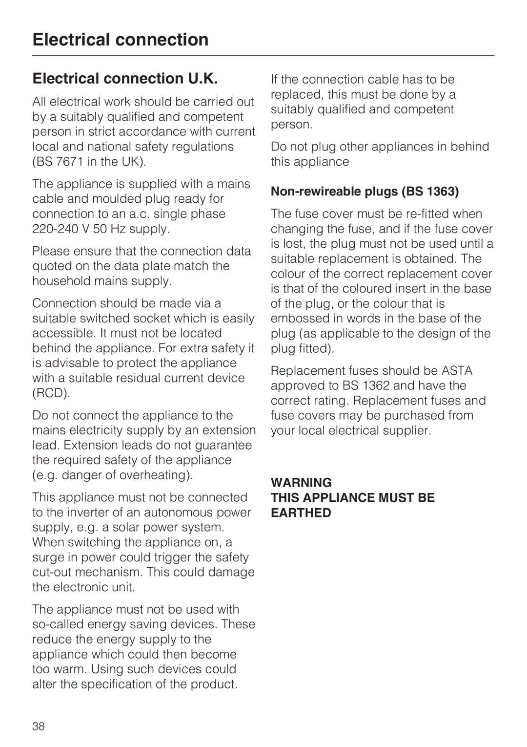 Miele KDN 12623 S-1/-2 installation instructions Electrical connection U.K, Non-rewireable plugs BS 