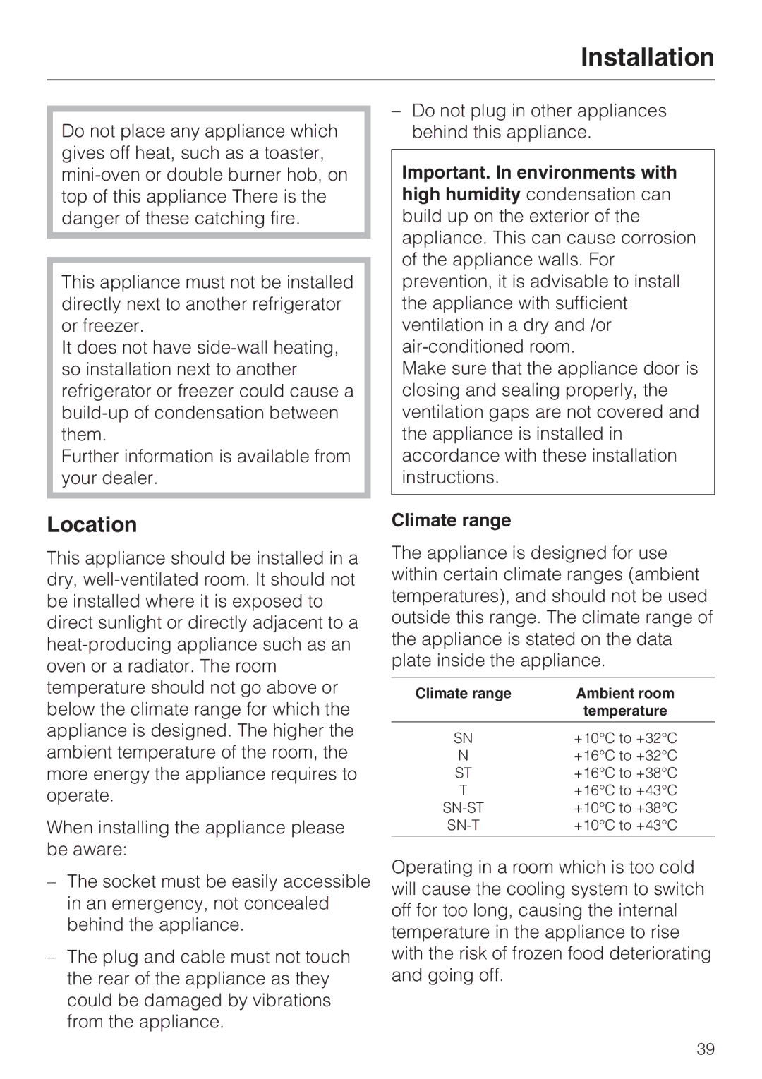 Miele KDN 12623 S-1/-2 installation instructions Installation, Location, Climate range 