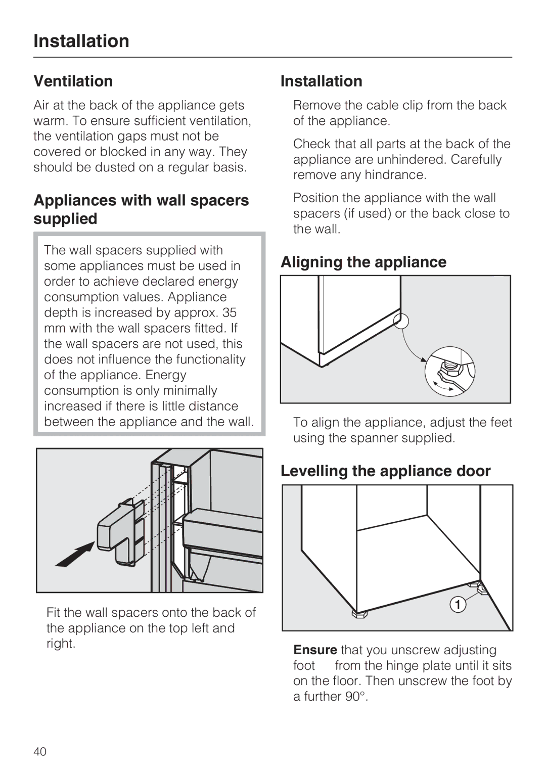 Miele KDN 12623 S-1/-2 Ventilation, Appliances with wall spacers supplied, Installation, Aligning the appliance 