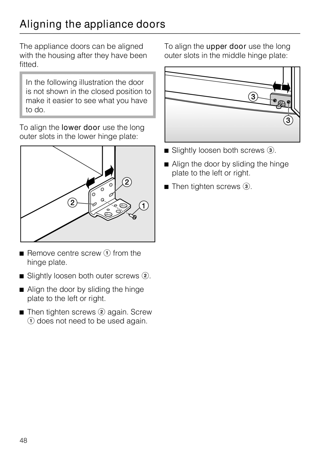 Miele KDN 12623 S-1/-2 installation instructions Aligning the appliance doors 